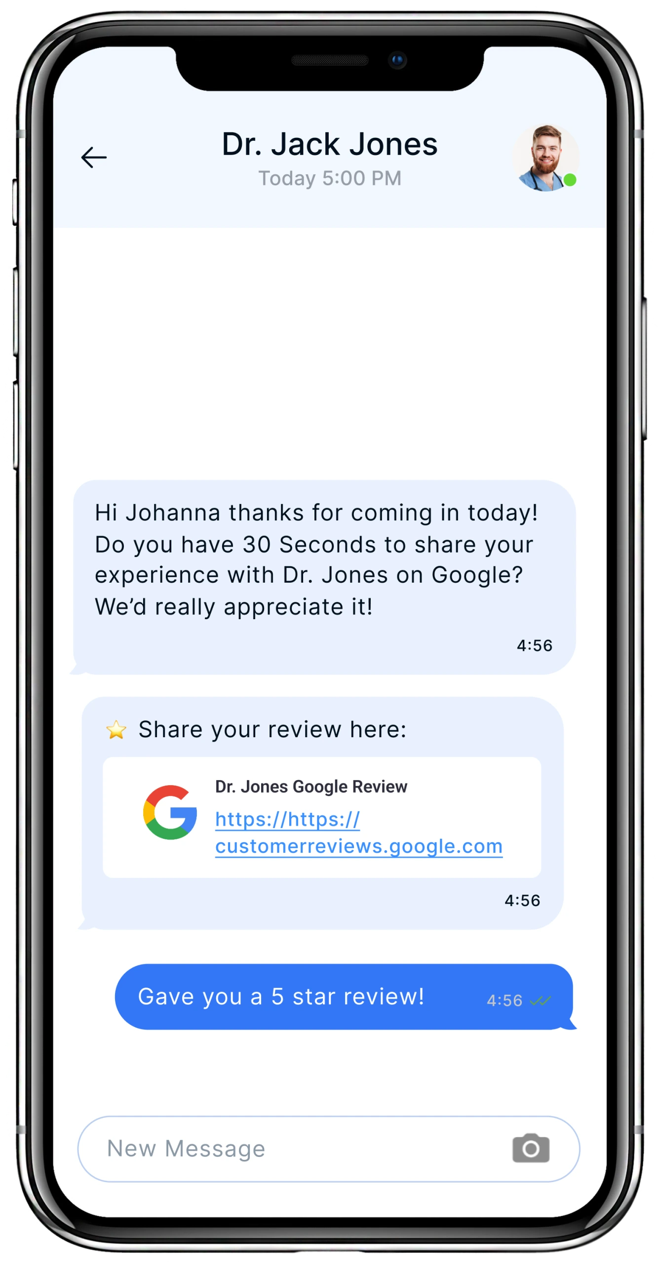 Text conversation between Dr. Jack Jones and patient Johanna with review request and Google review link, patient responds with five-star review