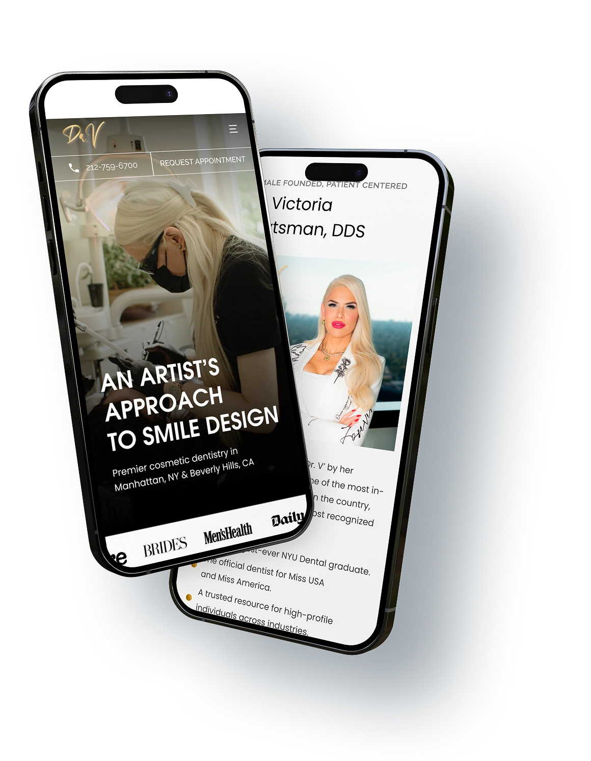Two smartphones displaying cosmetic dentistry website with 'An Artist's Approach to Smile Design' headline and dentist photo