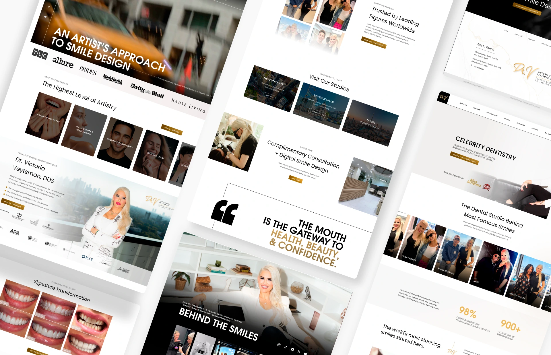 Multiple website page layouts showcasing cosmetic dentistry content, case studies, and patient testimonials