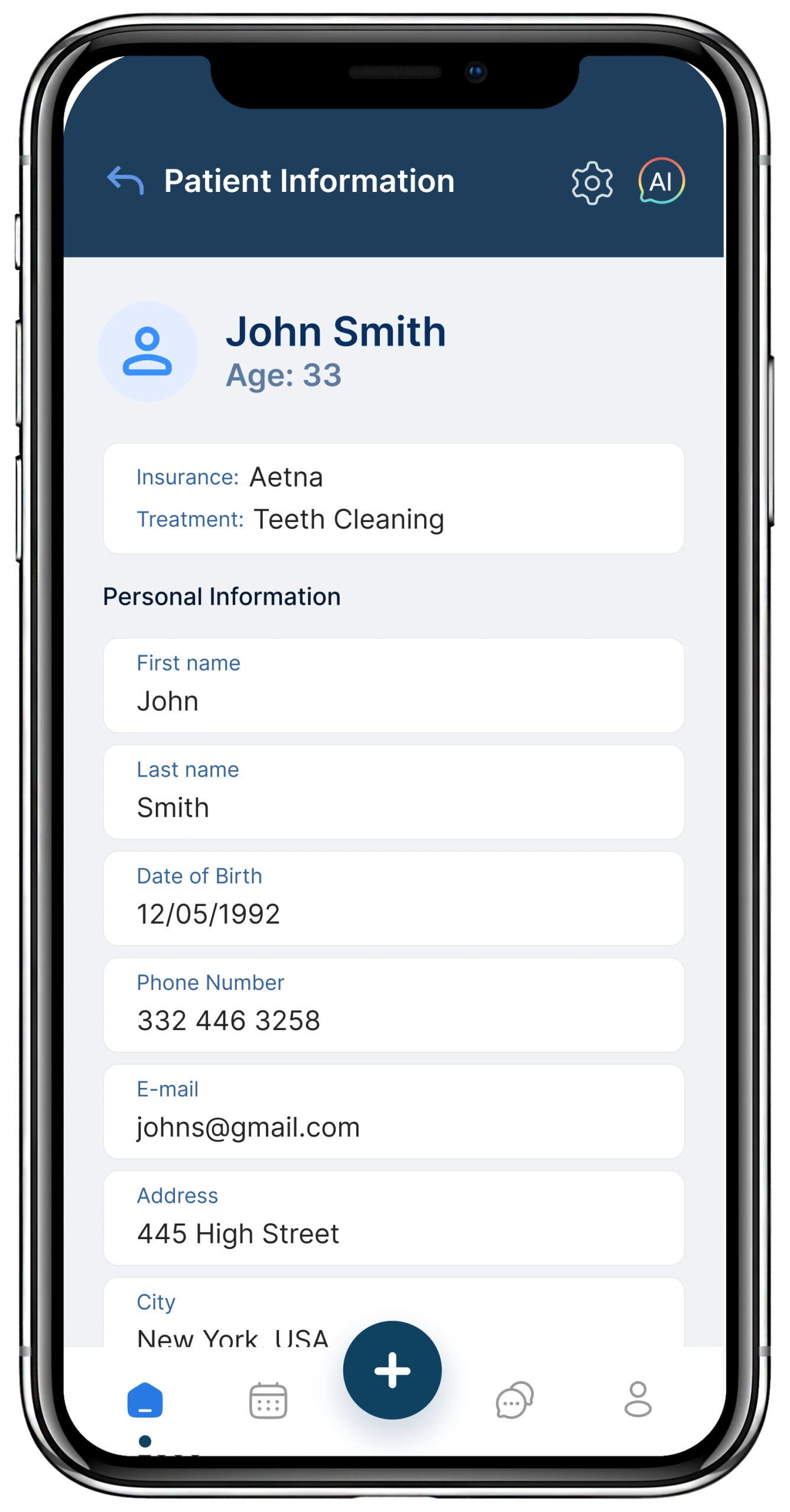 Centralized patient record for John Smith, age 33, displaying Aetna insurance, teeth cleaning treatment, and personal information fields