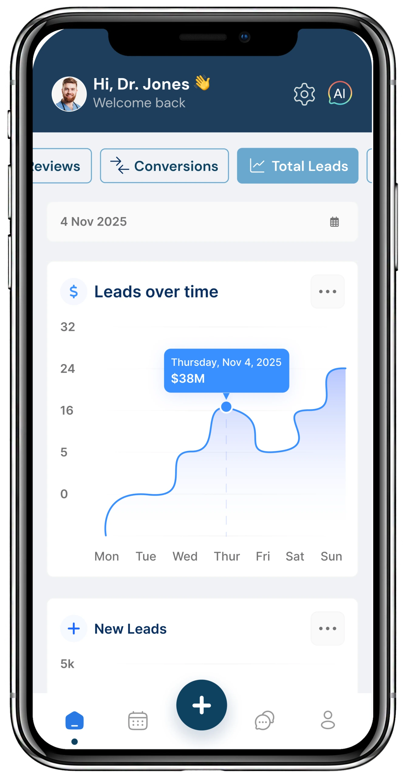 Dr. Jones dashboard showing lead volume analytics with line graph of leads over time and tabs for Reviews, Conversions, and Total Leads
