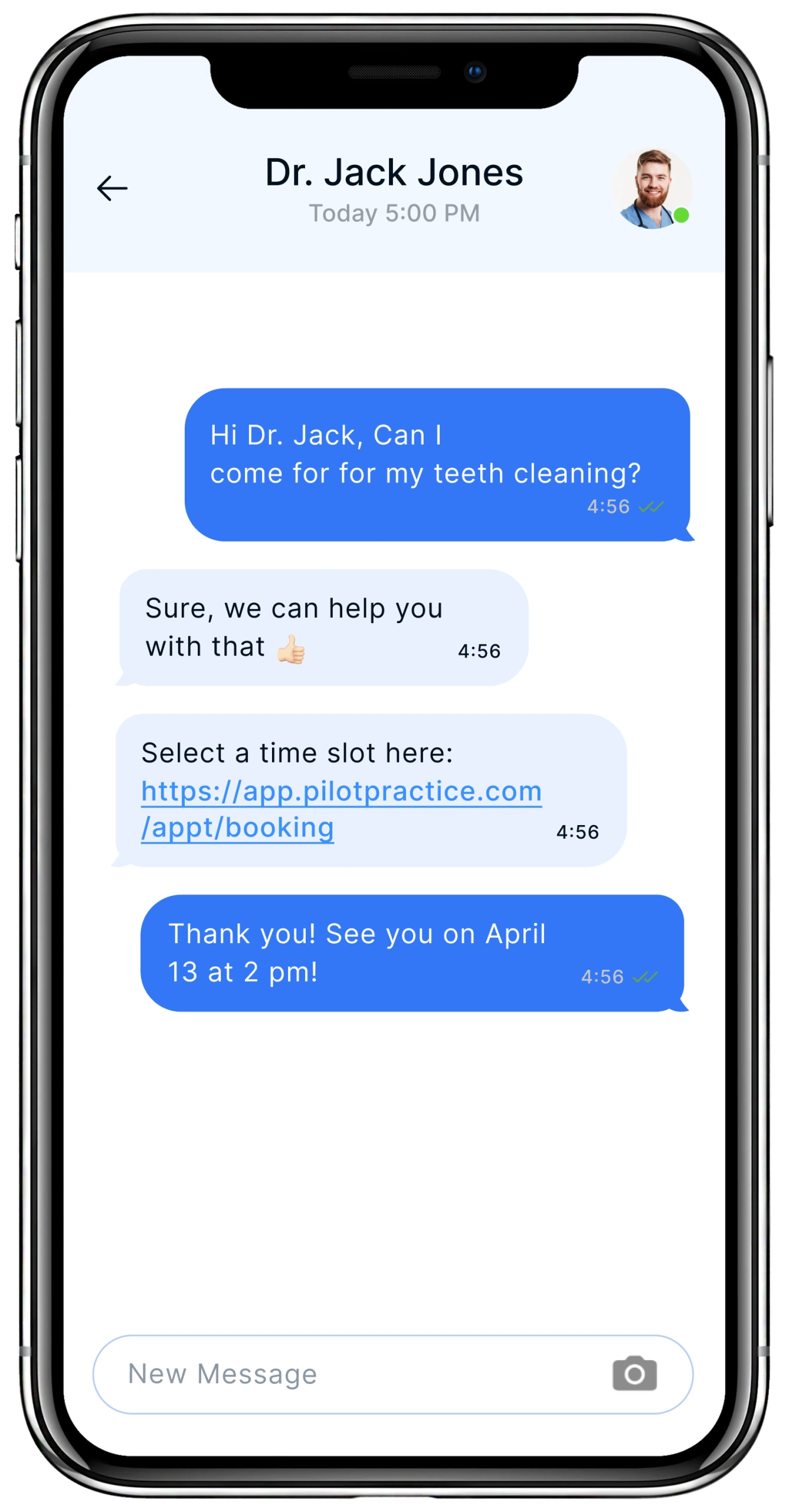 Text conversation between patient asking about teeth cleaning and Dr. Jack Jones confirming appointment for April 13 at 2pm with booking link