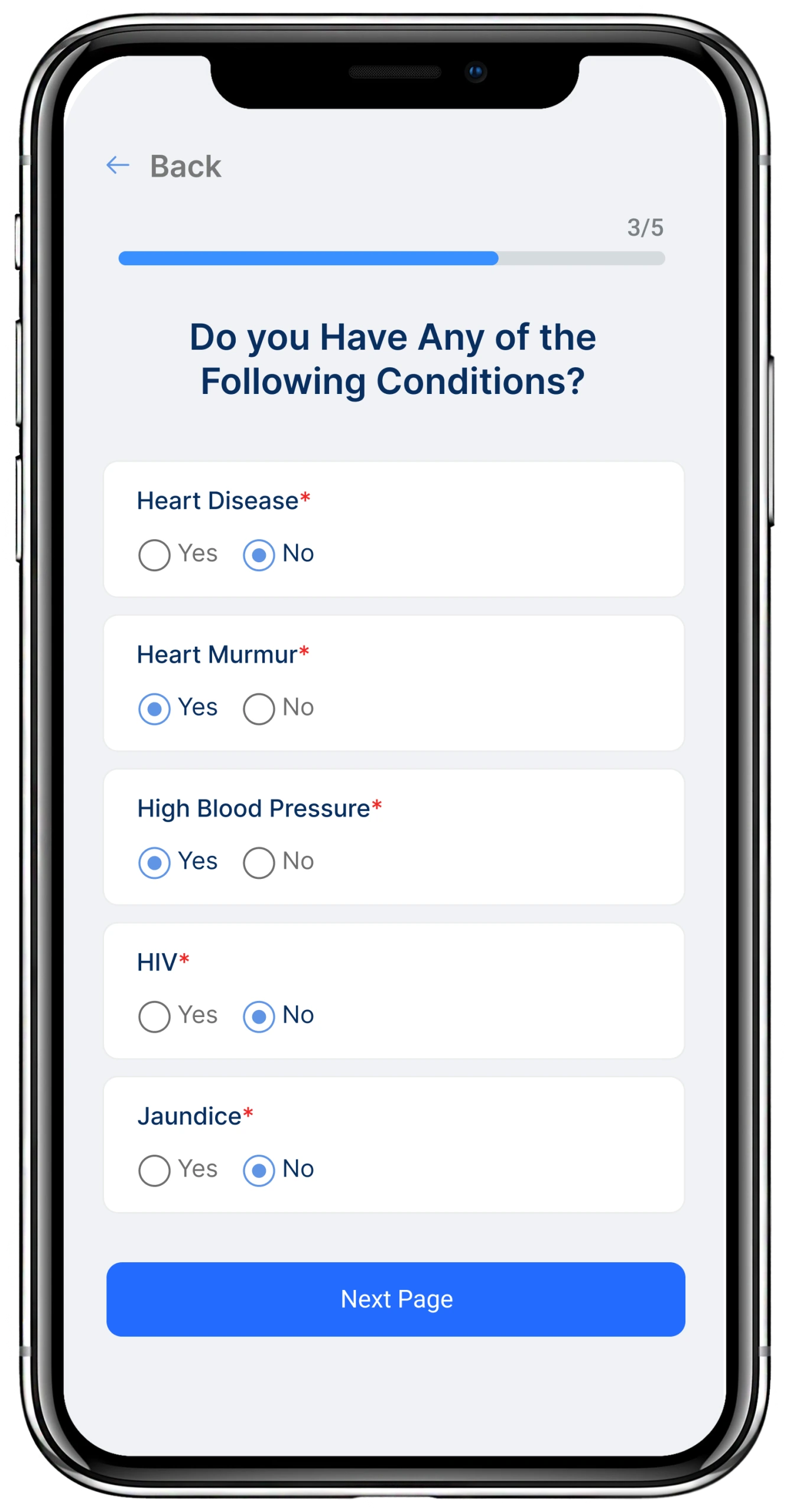 Patient intake form page 3 of 5 with medical history questions about heart disease, heart murmur, high blood pressure, HIV, and jaundice