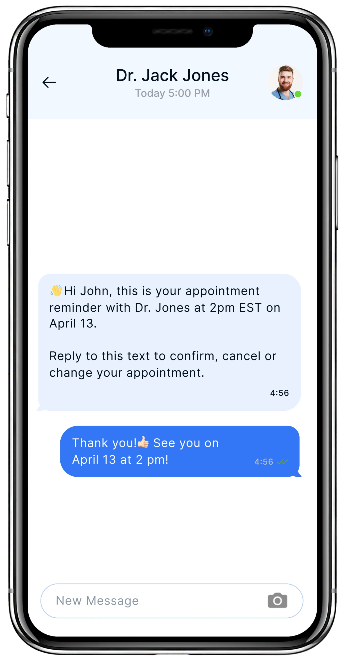Text conversation between a patient and Dr. Jack Jones confirming a dental appointment reminder for April 13 at 2pm EST
