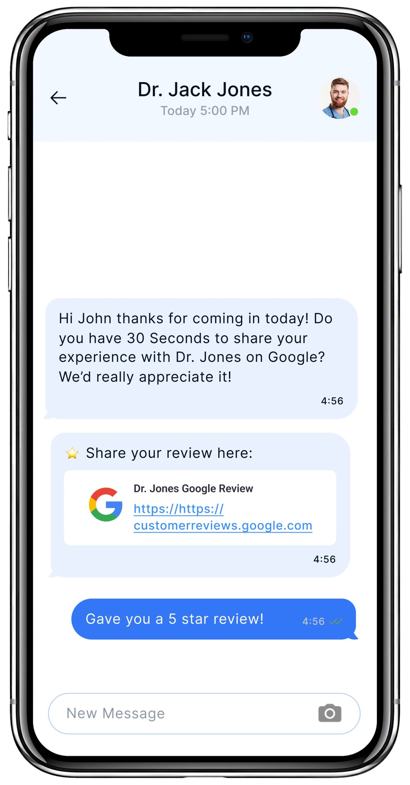Text message exchange requesting a Google review from patient John after visiting Dr. Jones, patient responds with 5-star review