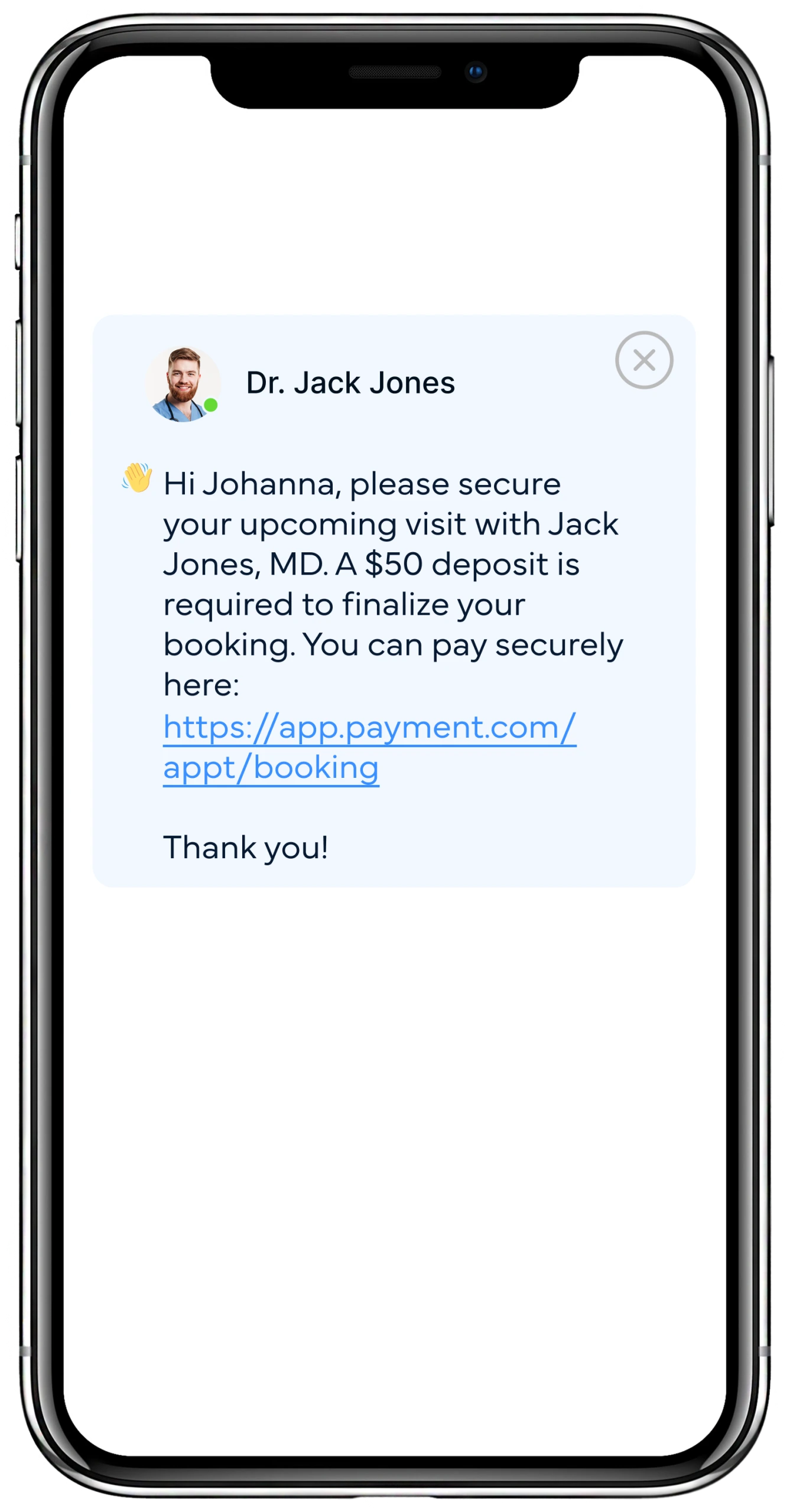 Message from Dr. Jack Jones requesting $50 deposit to secure upcoming appointment with payment link