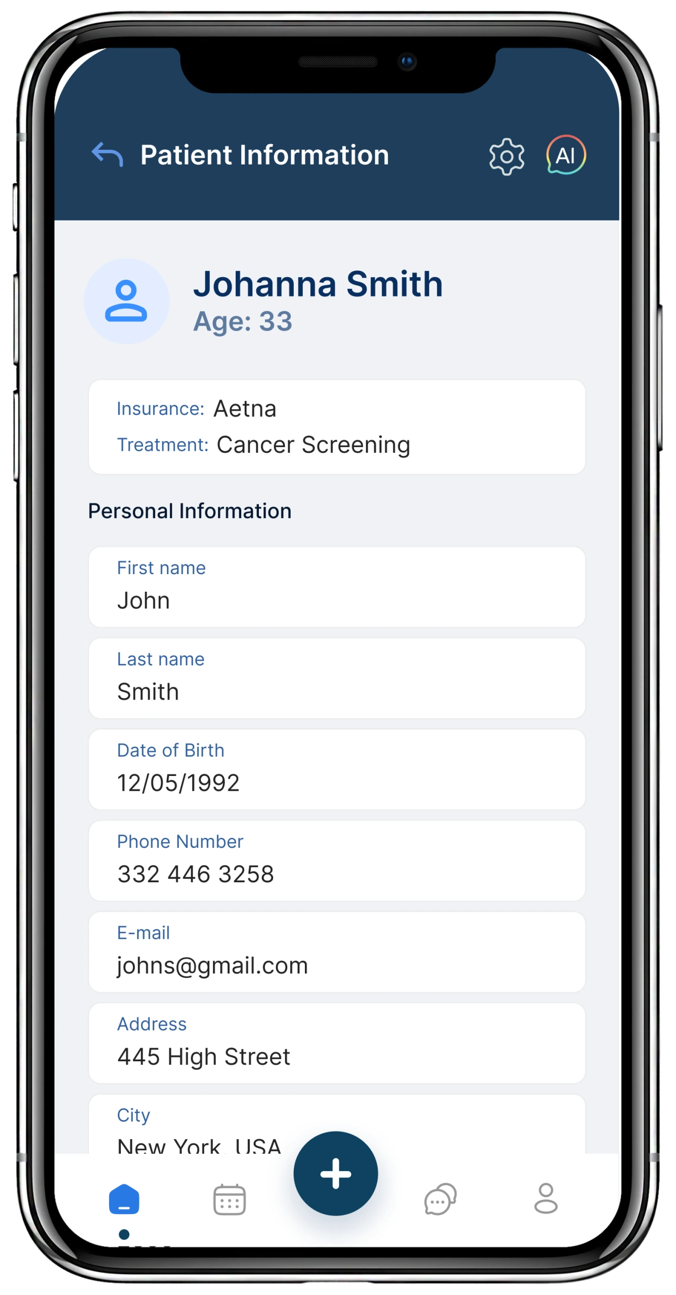 Patient information screen showing centralized medical records for Johanna Smith, age 33, with insurance, treatment details, and personal contact information