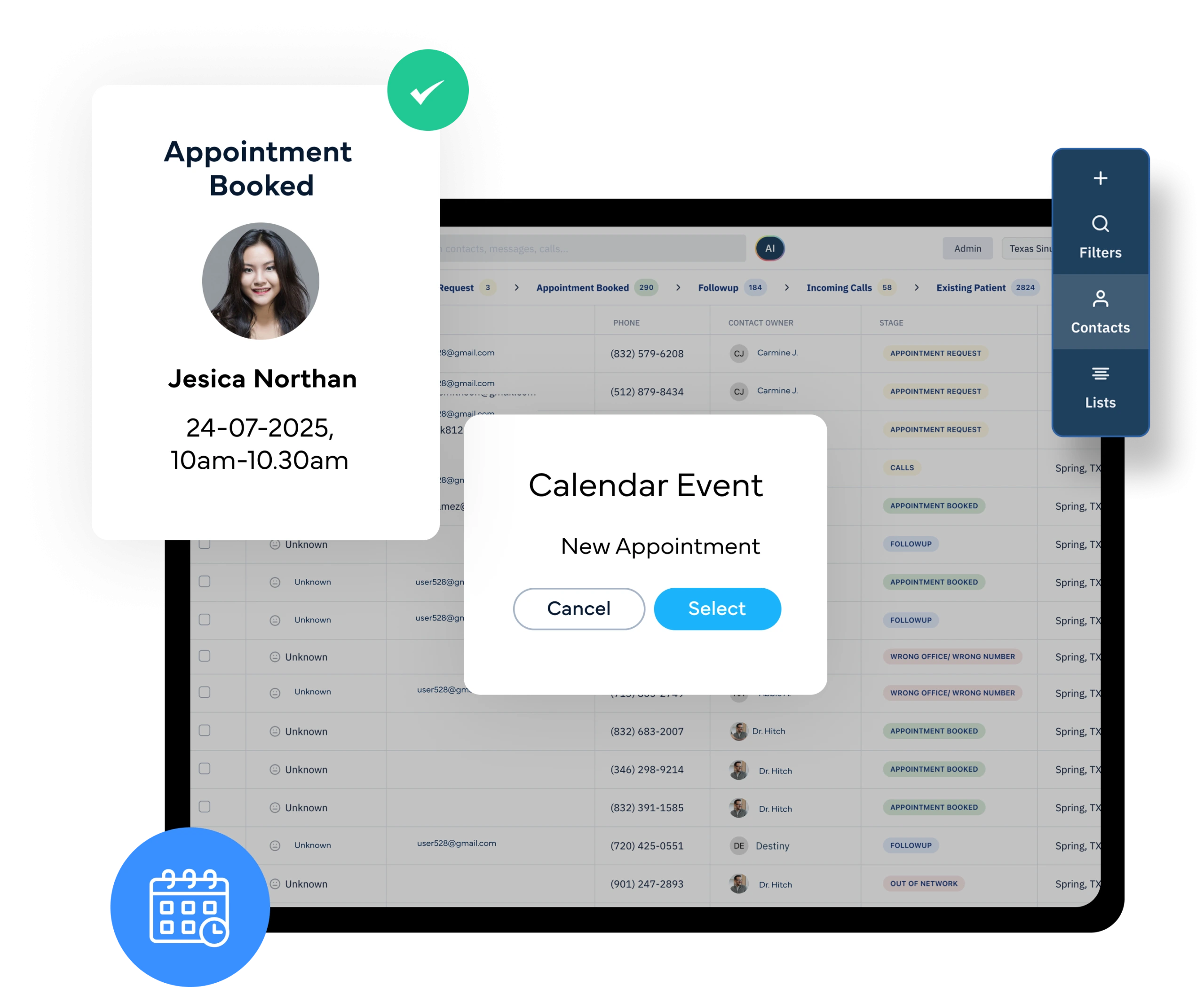 KloudMD appointment booking interface showing Jessica Northan's confirmed appointment and calendar event dialog