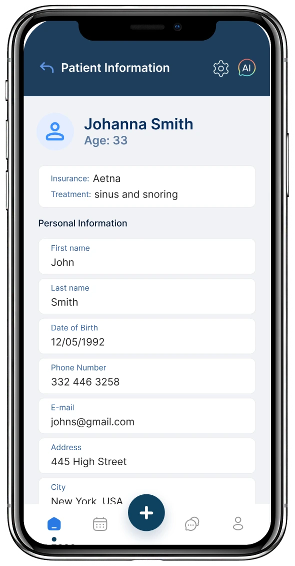 Patient information screen for Johanna Smith, age 33, displaying insurance, treatment, and personal contact details