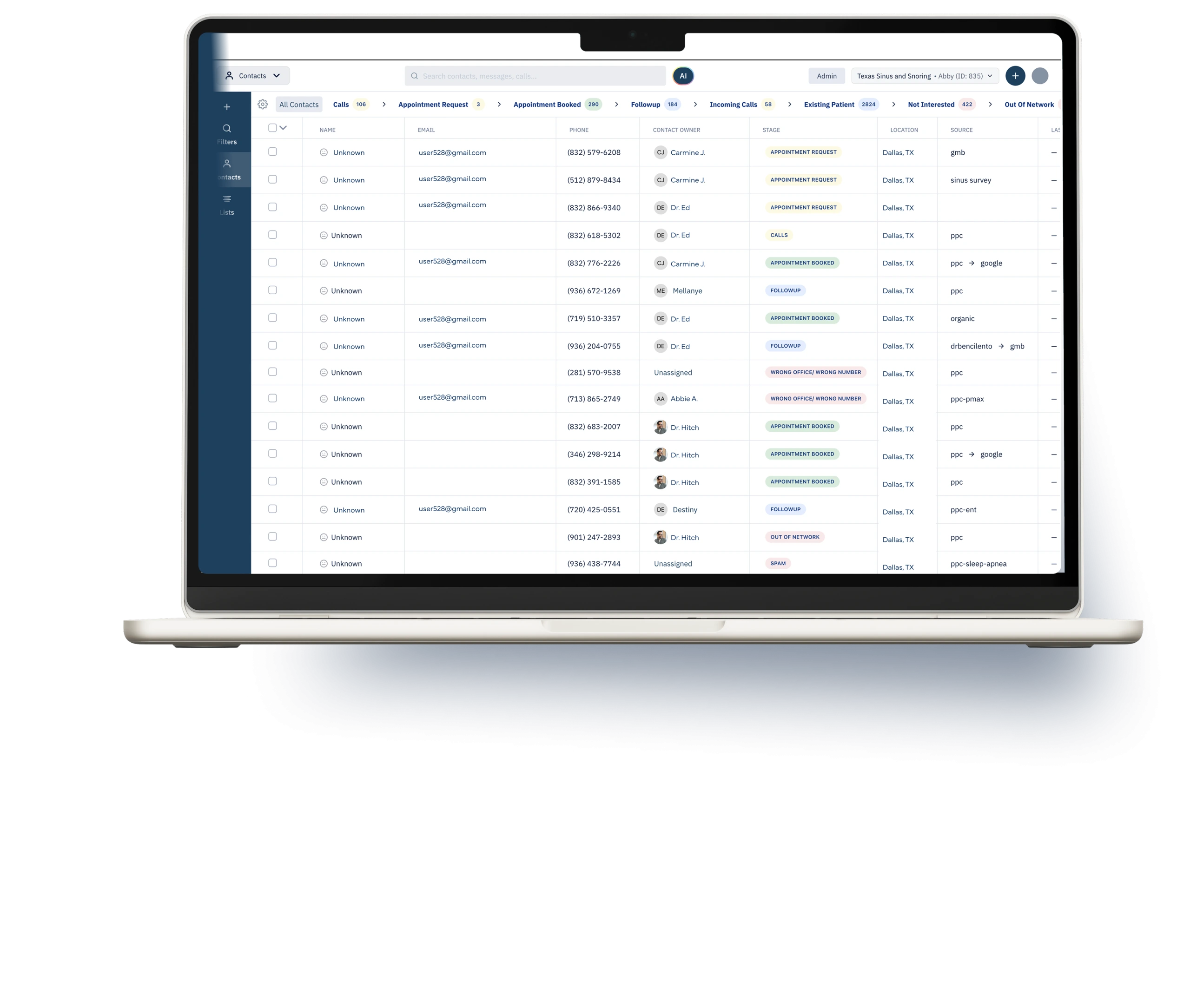 Laptop displaying ENT patient management software with appointment request and scheduling database
