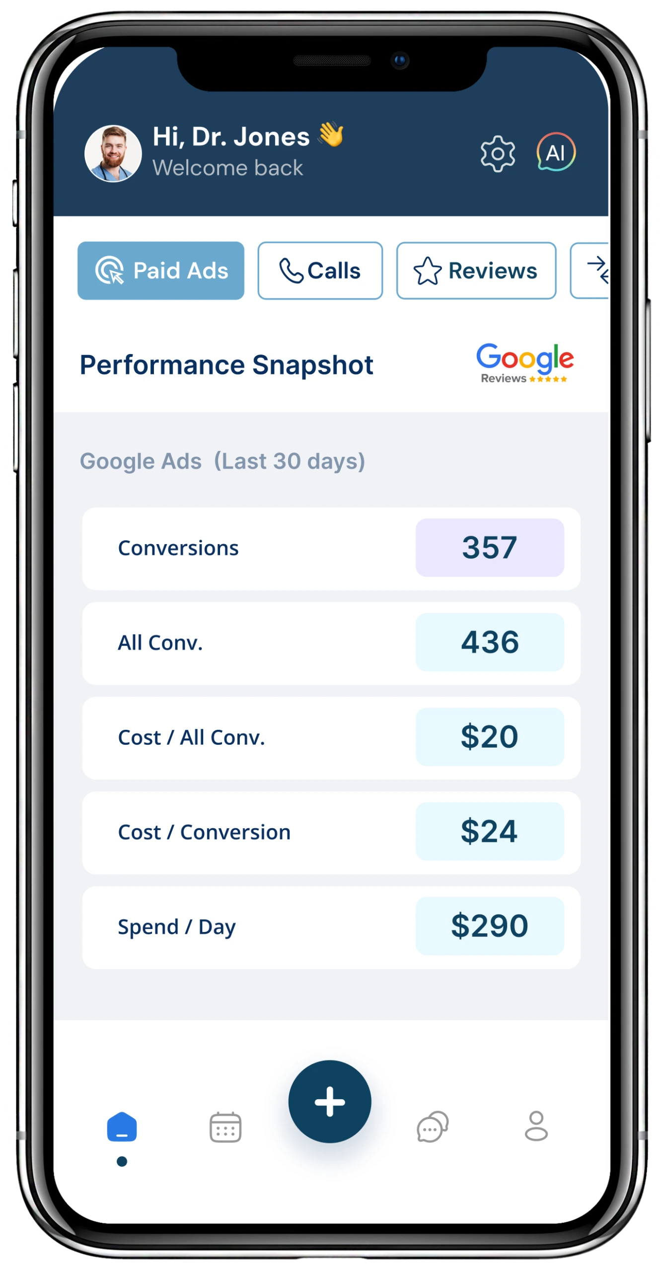 Dr. Jack Jones's practice dashboard showing Google Ads performance snapshot for last 30 days: 357 conversions, 436 total conversions, $20 cost per all conversions, $24 cost per conversion, $290 daily spend