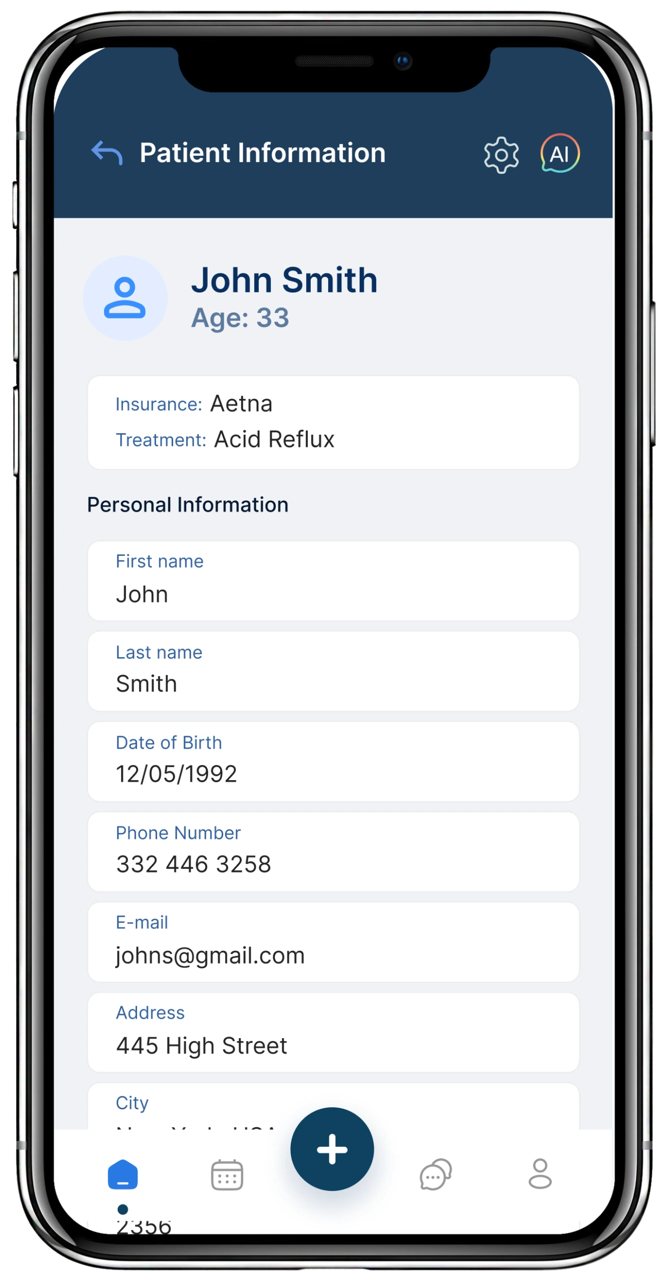 Patient Information screen for John Smith, age 33, showing Aetna insurance and Acid Reflux treatment with personal details fields