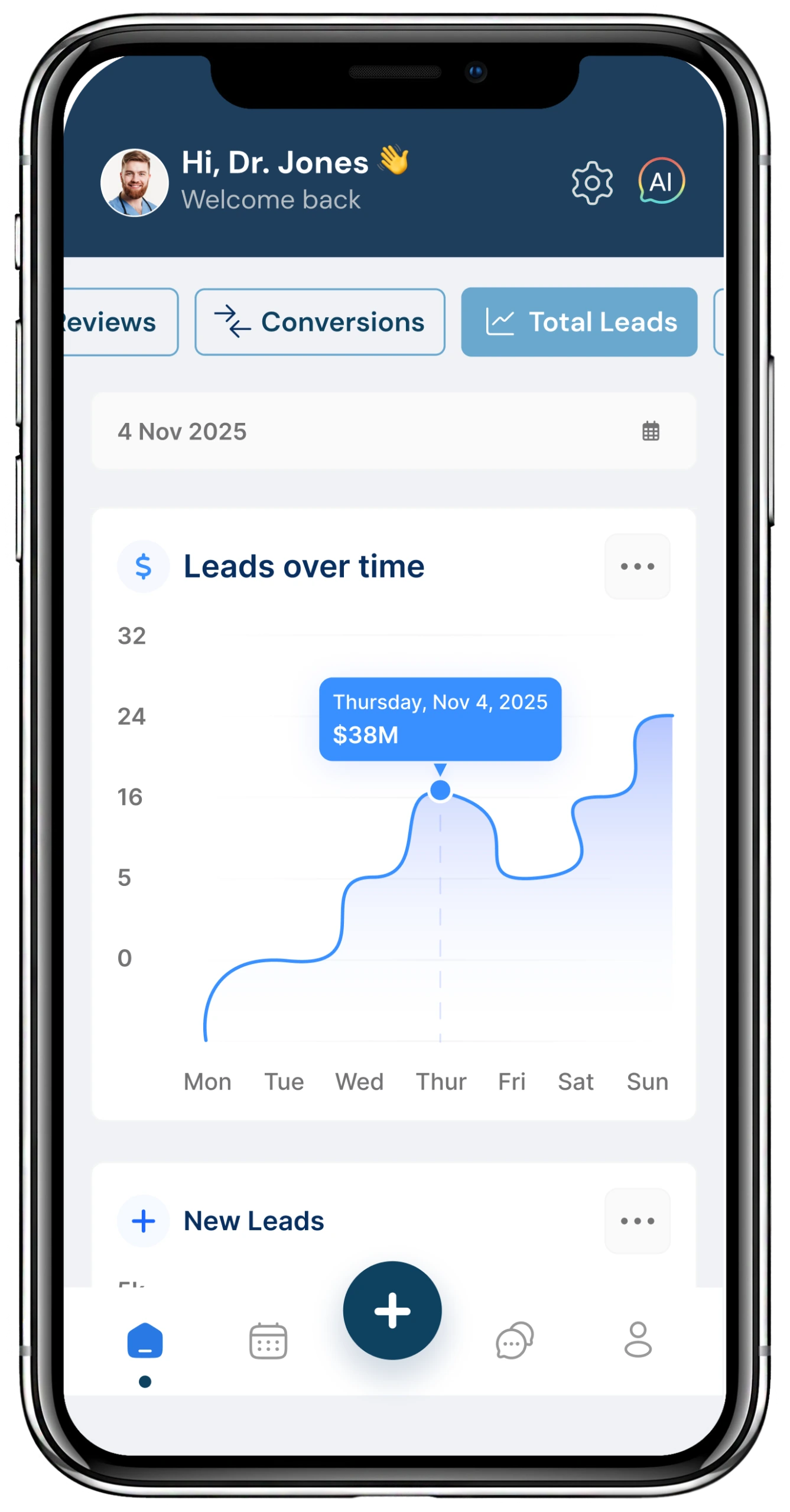 Dashboard greeting Dr. Jones with Leads over time graph showing $38M on Thursday, Nov 4, 2025, and tabs for Reviews, Conversions, and Total Leads