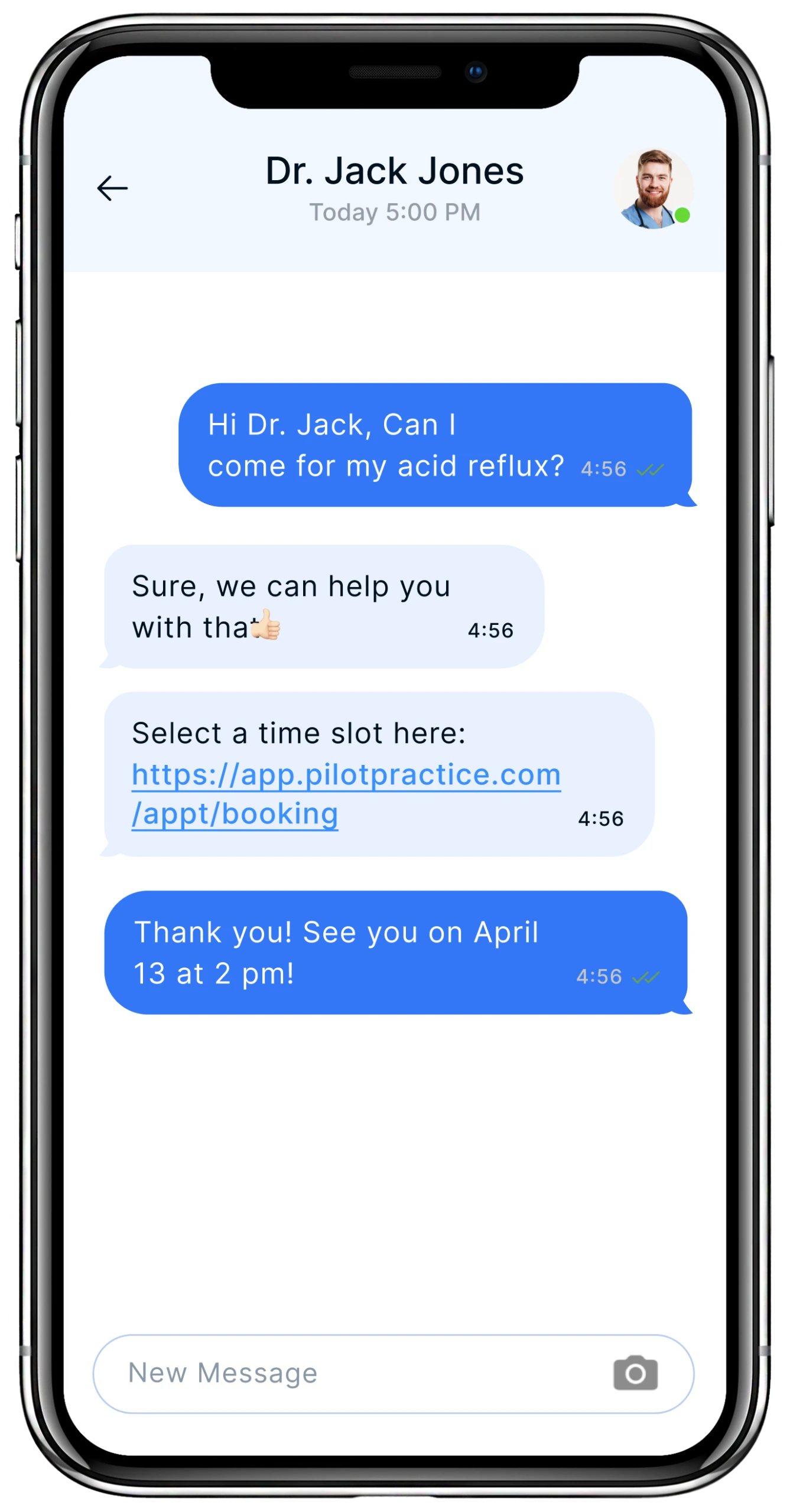 Text message conversation between patient and Dr. Jack Jones about acid reflux appointment, with booking link and confirmation for April 13 at 2pm