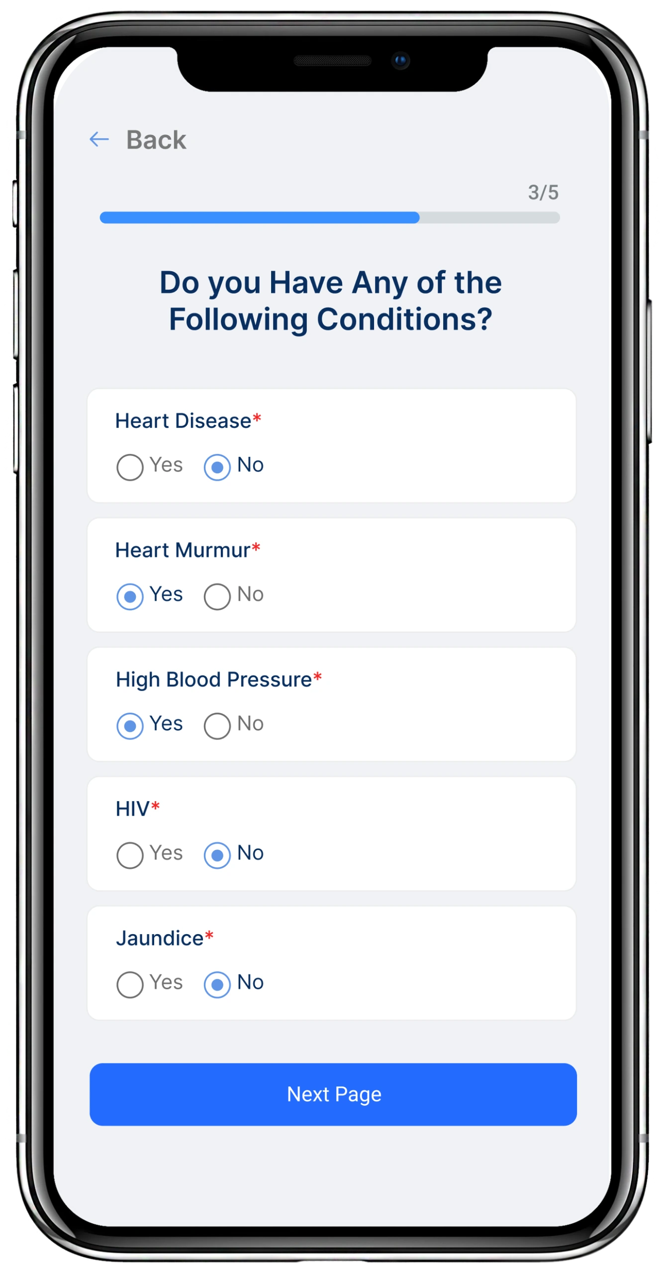 Mobile form asking about medical conditions with yes/no options for heart disease, heart murmur, high blood pressure, HIV, and jaundice