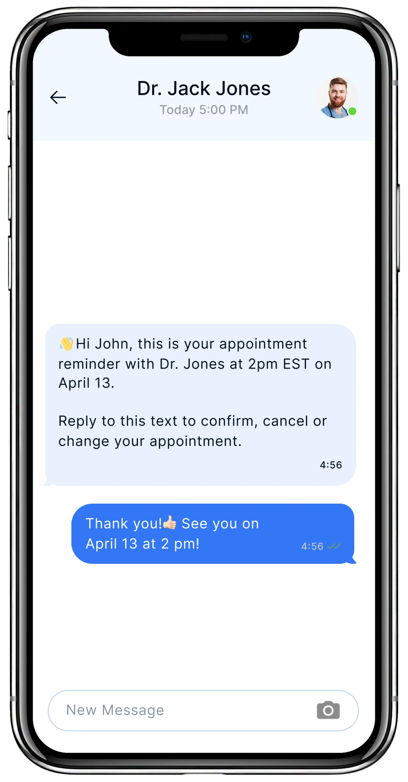 Text conversation between patient John and Dr. Jack Jones confirming a 2pm EST appointment on April 13