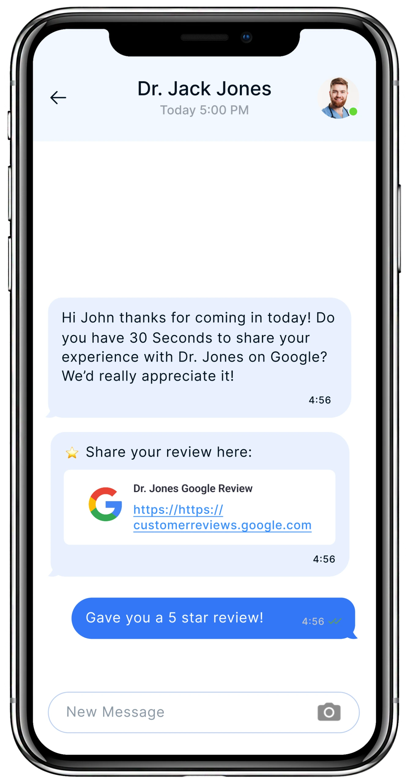 Text exchange requesting patient review on Google with direct link to Dr. Jones's Google review page