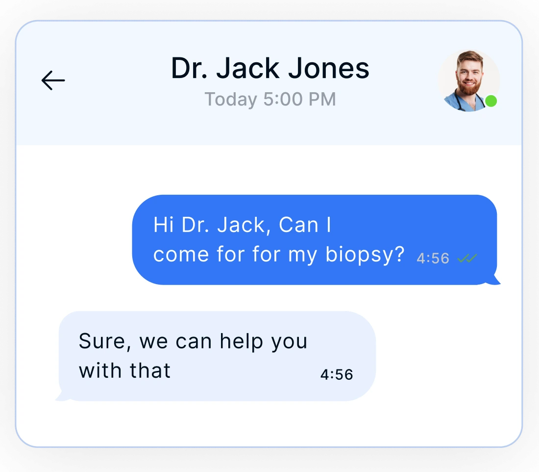 Messaging conversation between patient and Dr. Jack Jones confirming biopsy appointment at 5:00 PM today