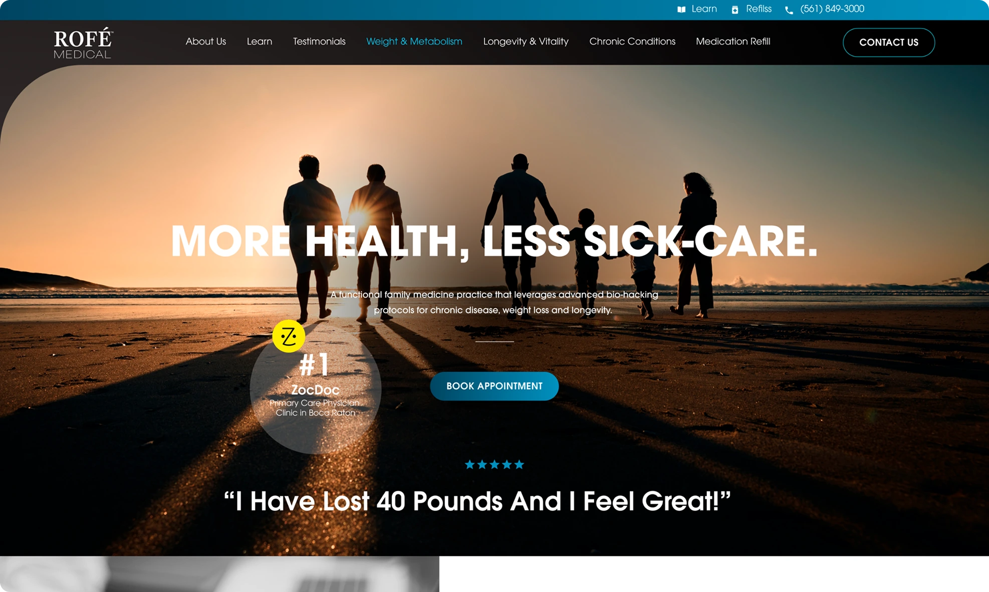 Four people in wetsuits standing on a beach at sunset with text 'More Health, Less Sick-Care'
