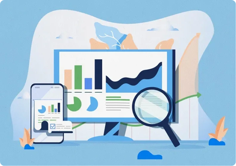 Illustration of smartphone and computer monitor displaying colorful bar charts, pie charts, and analytics with magnifying glass