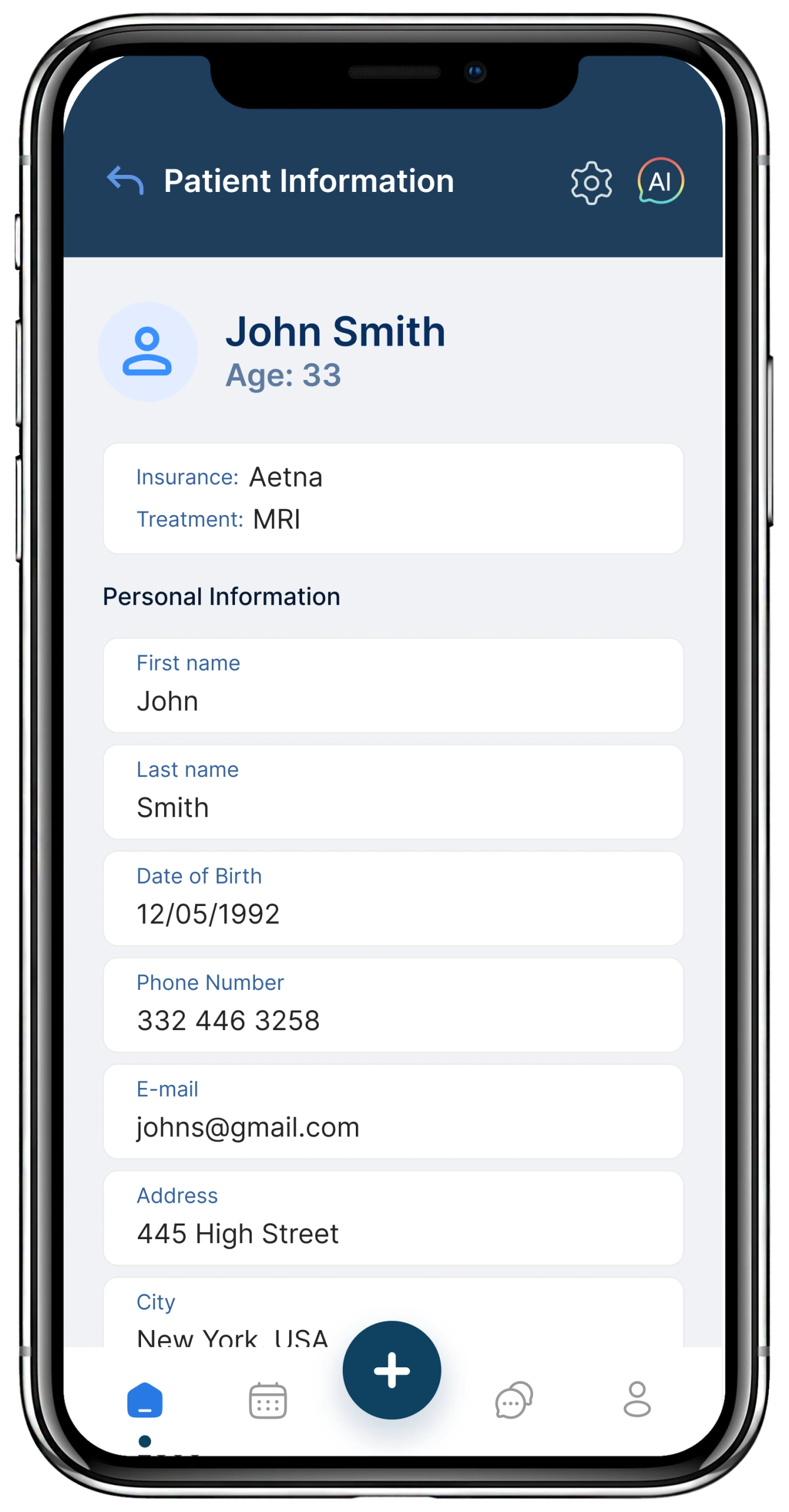 Patient Information screen for John Smith, age 33, showing Aetna insurance, MRI treatment, and personal details including address in New York
