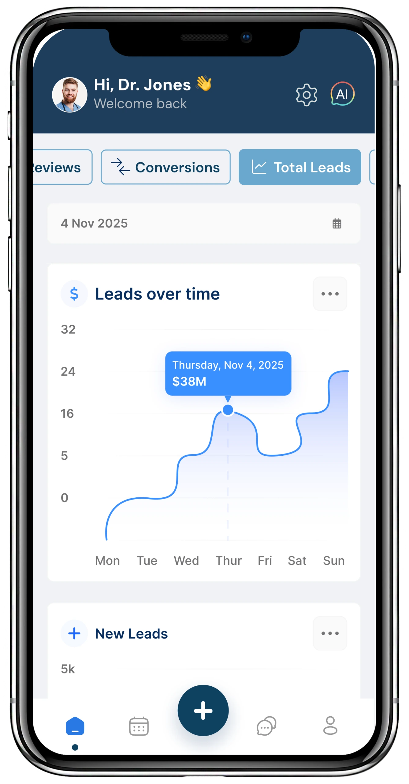 Pilot Practice app showing leads over time graph with peak of $38M on Thursday, Nov 4, 2025, displaying weekly lead volume trend