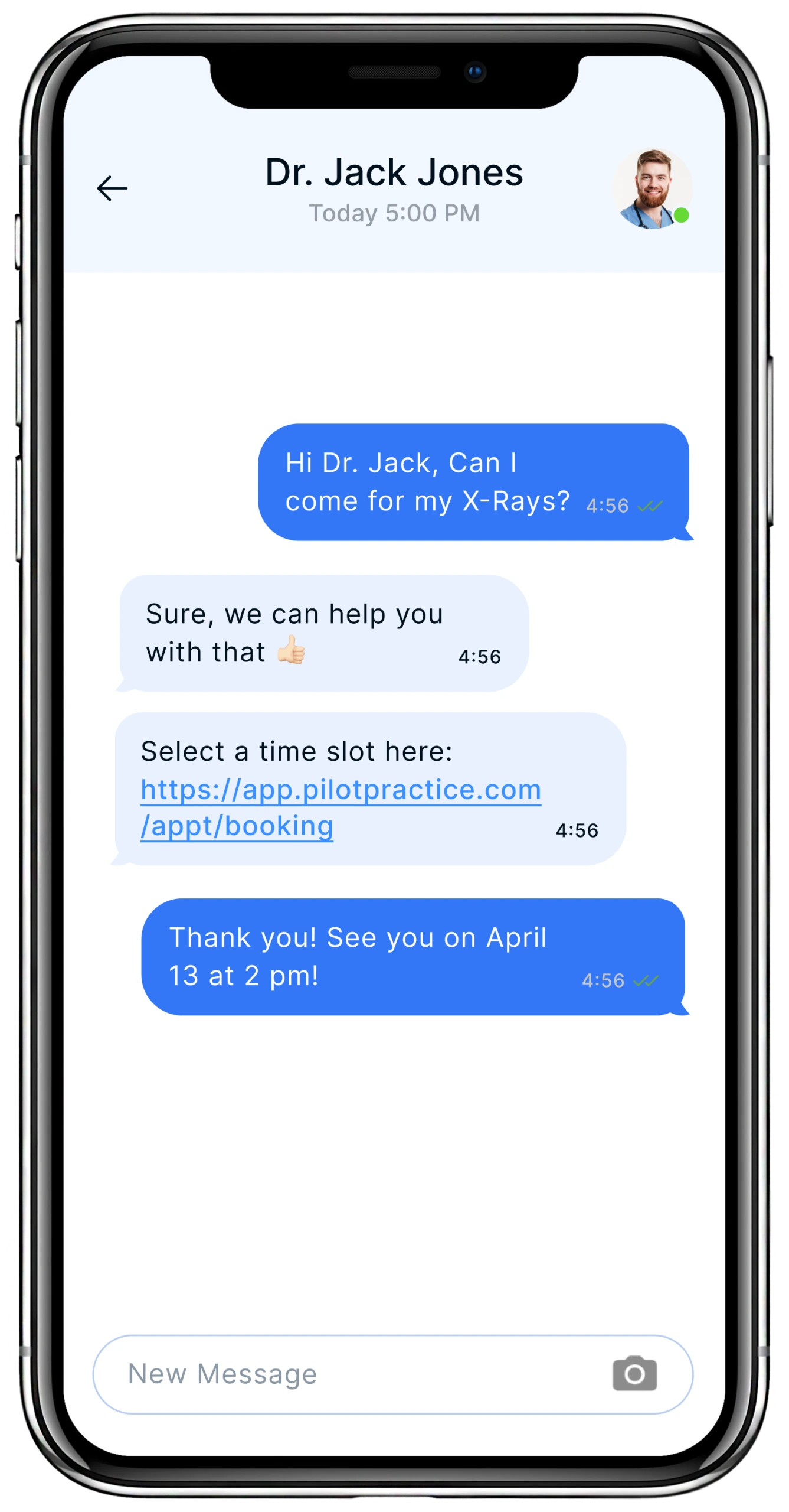 Chat conversation between patient and Dr. Jack Jones discussing X-rays appointment, with patient booking confirmation for April 13 at 2 pm