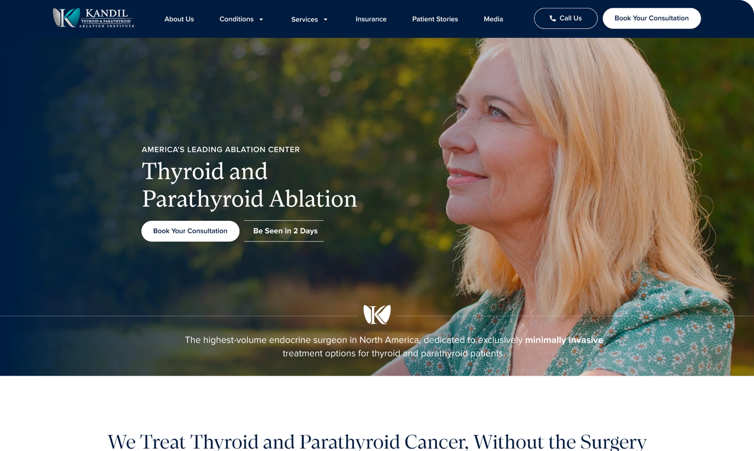 Kandil Institute website header with woman in profile, text reading "Thyroid and Parathyroid Ablation" and tagline about America's leading ablation center