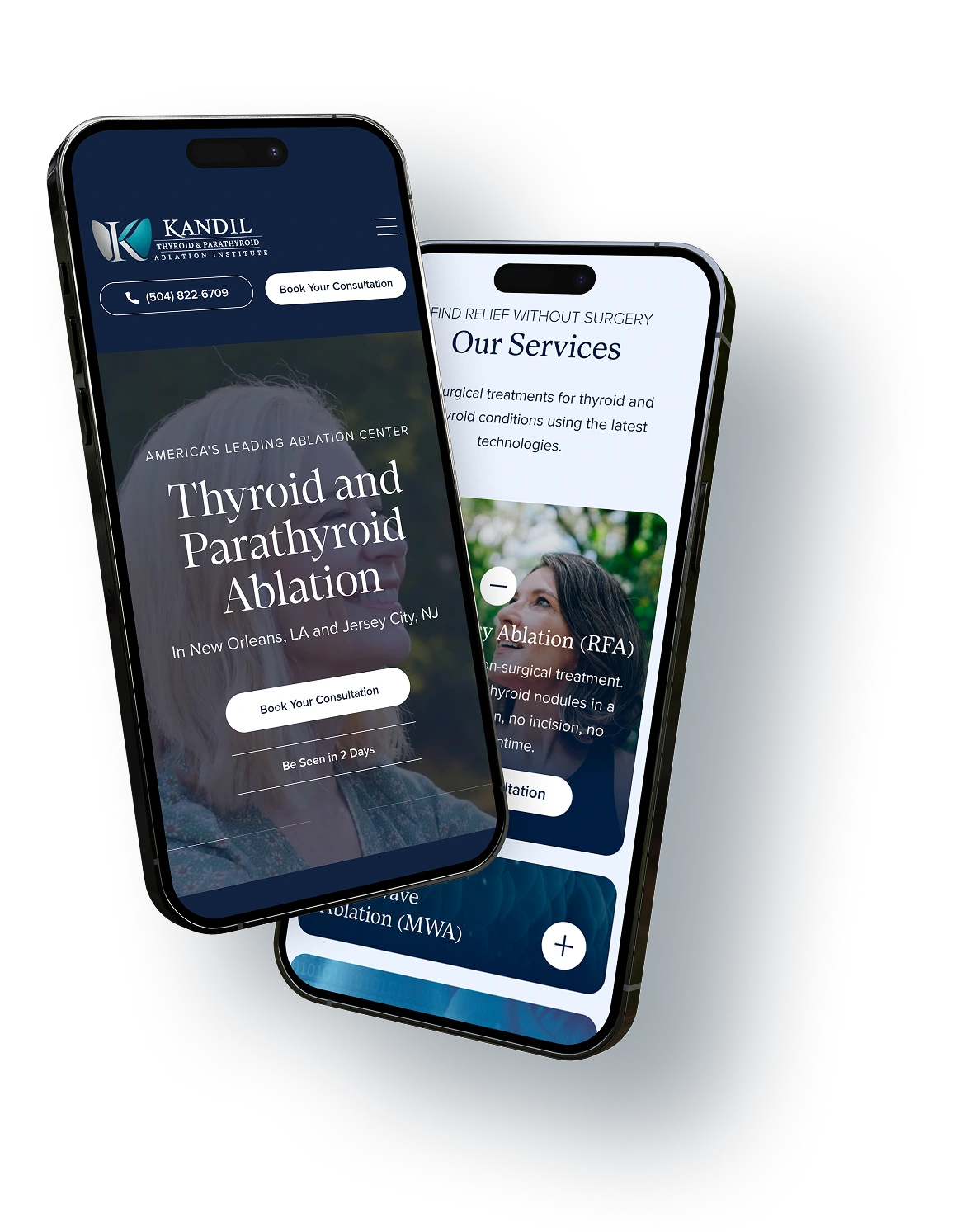 Two smartphones displaying Kandil Institute website pages for thyroid and parathyroid ablation services