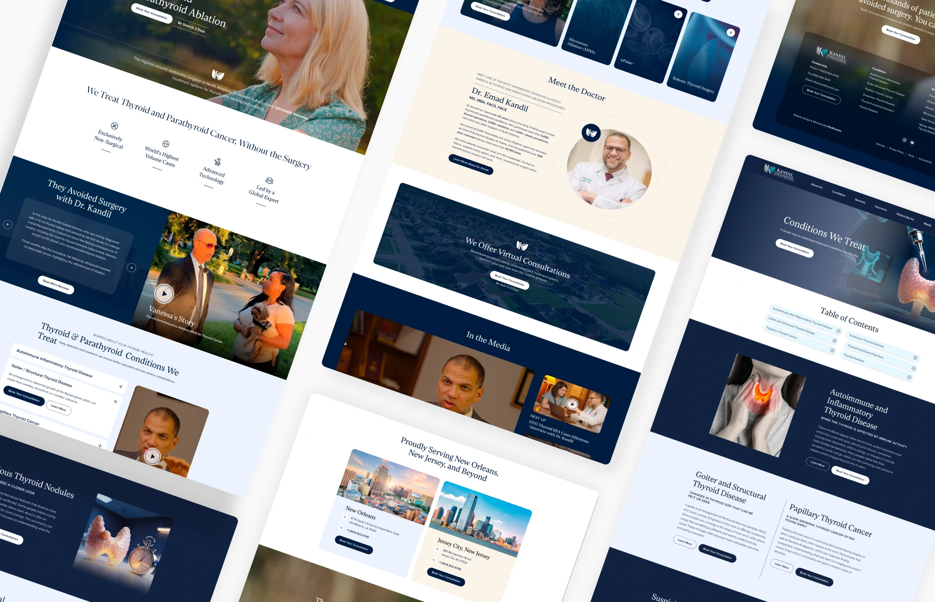 Multiple website pages for Kandil Institute displaying thyroid and parathyroid ablation case studies with patient testimonials and doctor profiles
