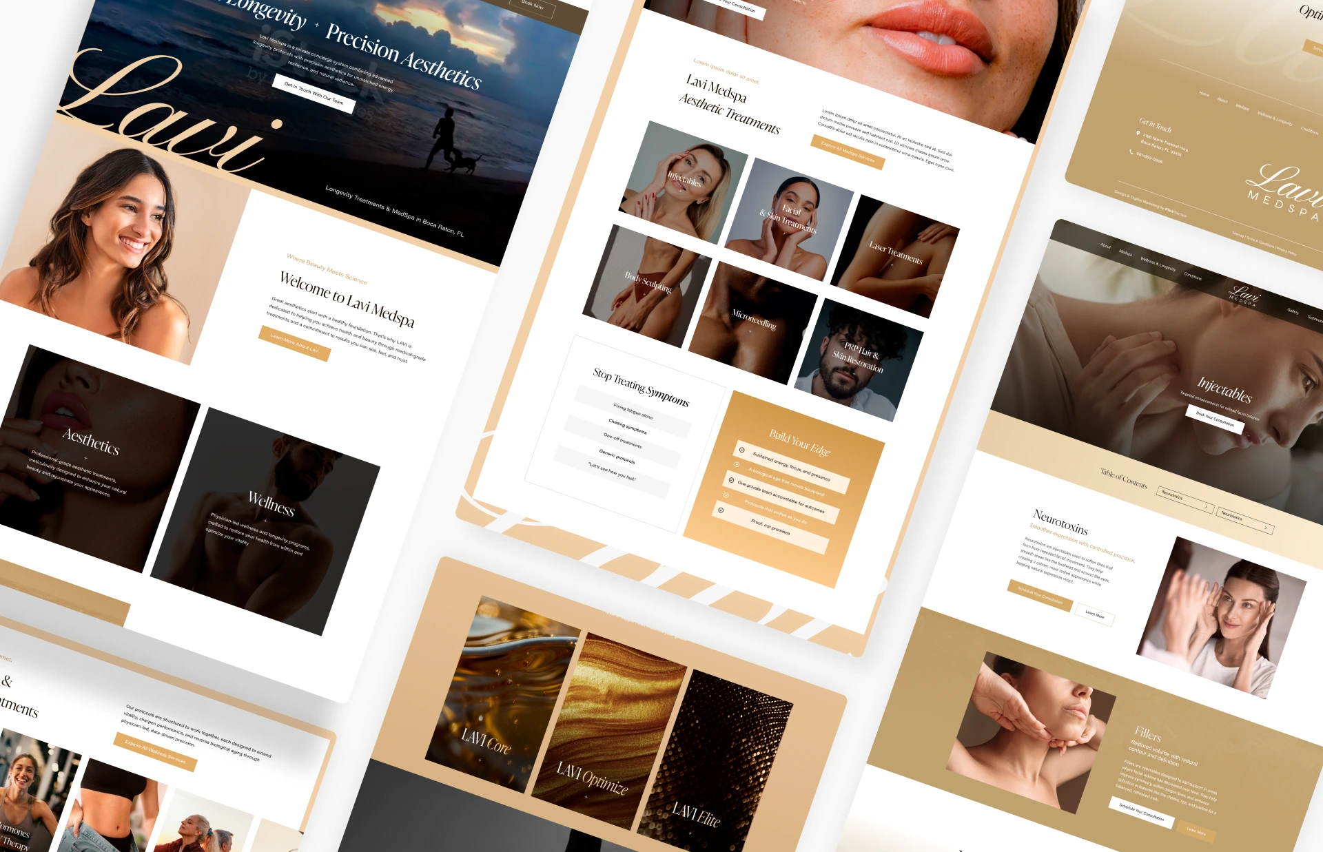 Multiple mockup pages of Lavi Medspa website displaying aesthetic treatment services and before-after images