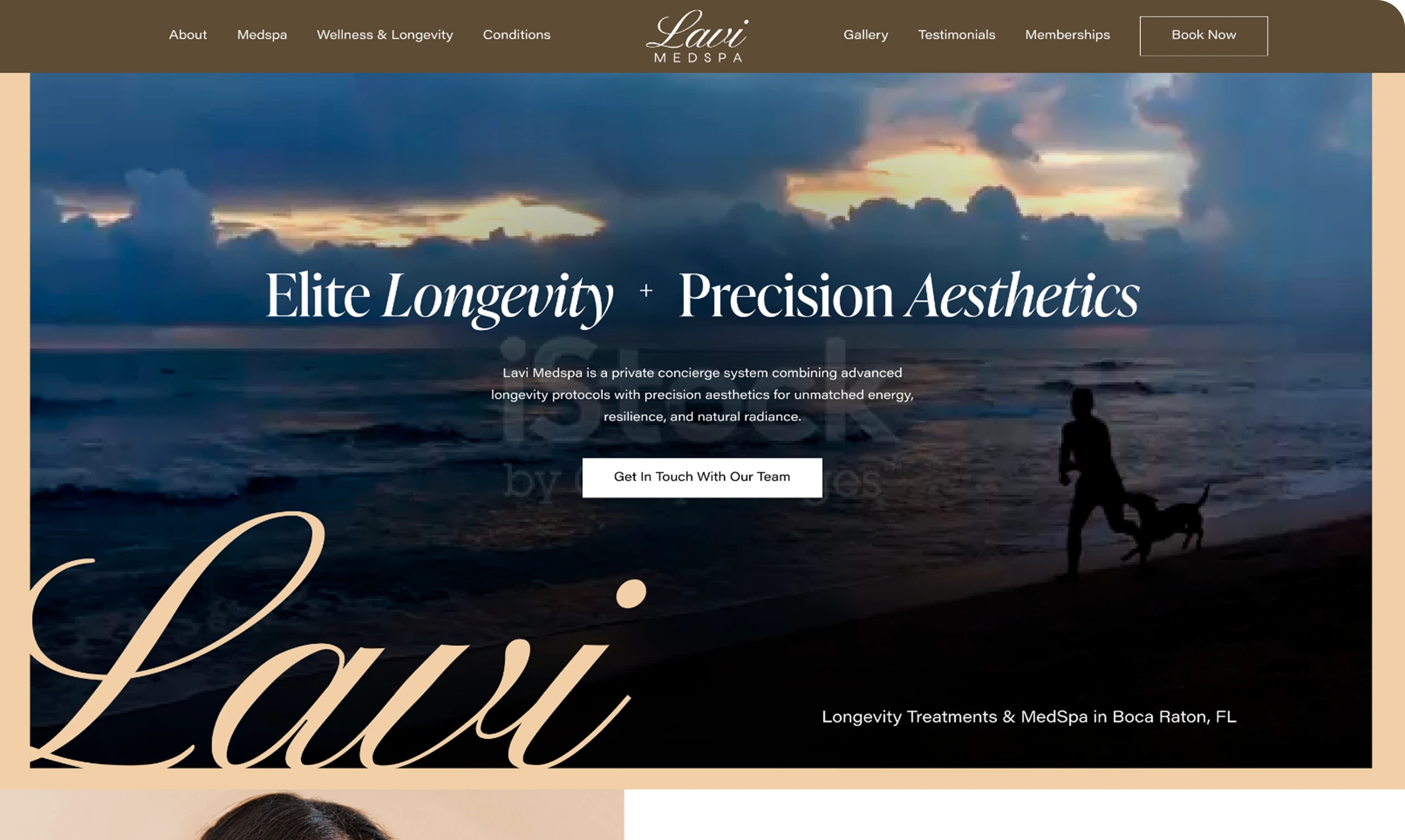 Lavi Medspa website homepage showing ocean sunset with person and dog, tagline Elite Longevity + Precision Aesthetics