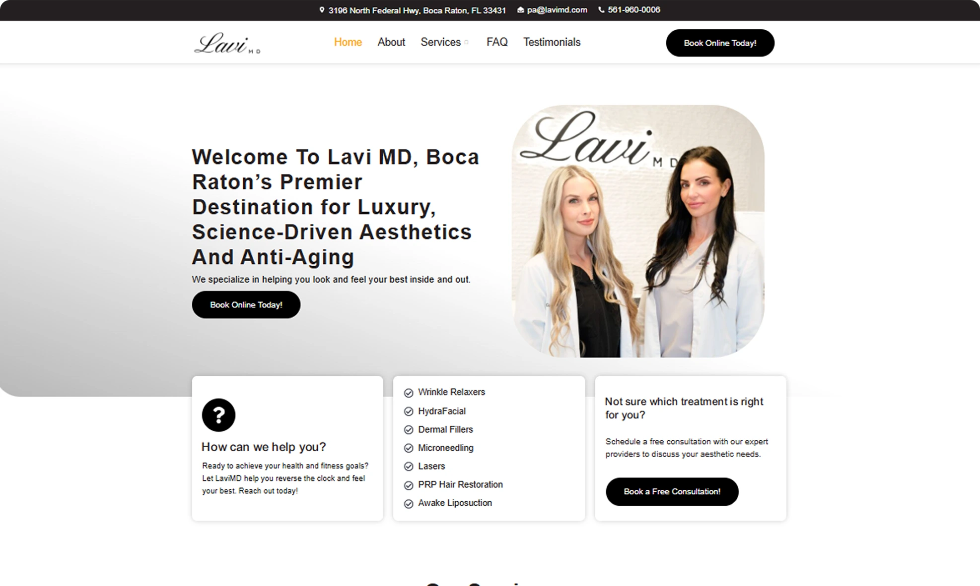 Lavi MD Boca Raton homepage with two female practitioners in professional photo and treatment service list