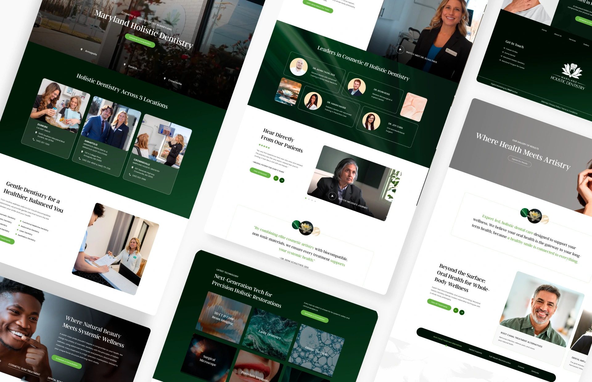 Multiple webpage mockups for Maryland Holistic Dentistry showing team photos, patient testimonials, and treatment information across desktop and mobile layouts