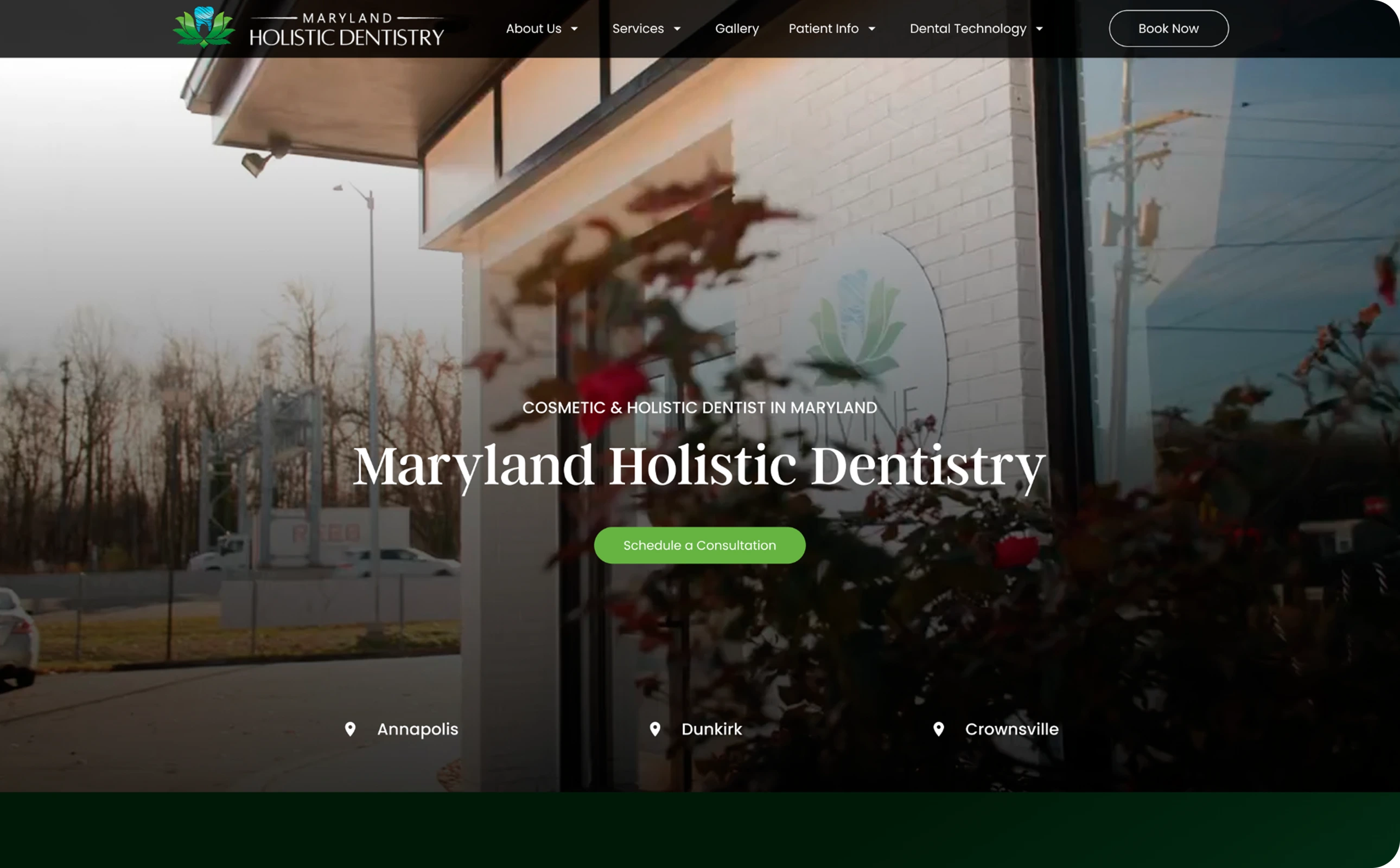 Maryland Holistic Dentistry storefront with modern architecture, plants, and location markers for Annapolis, Dunkirk, and Crownsville