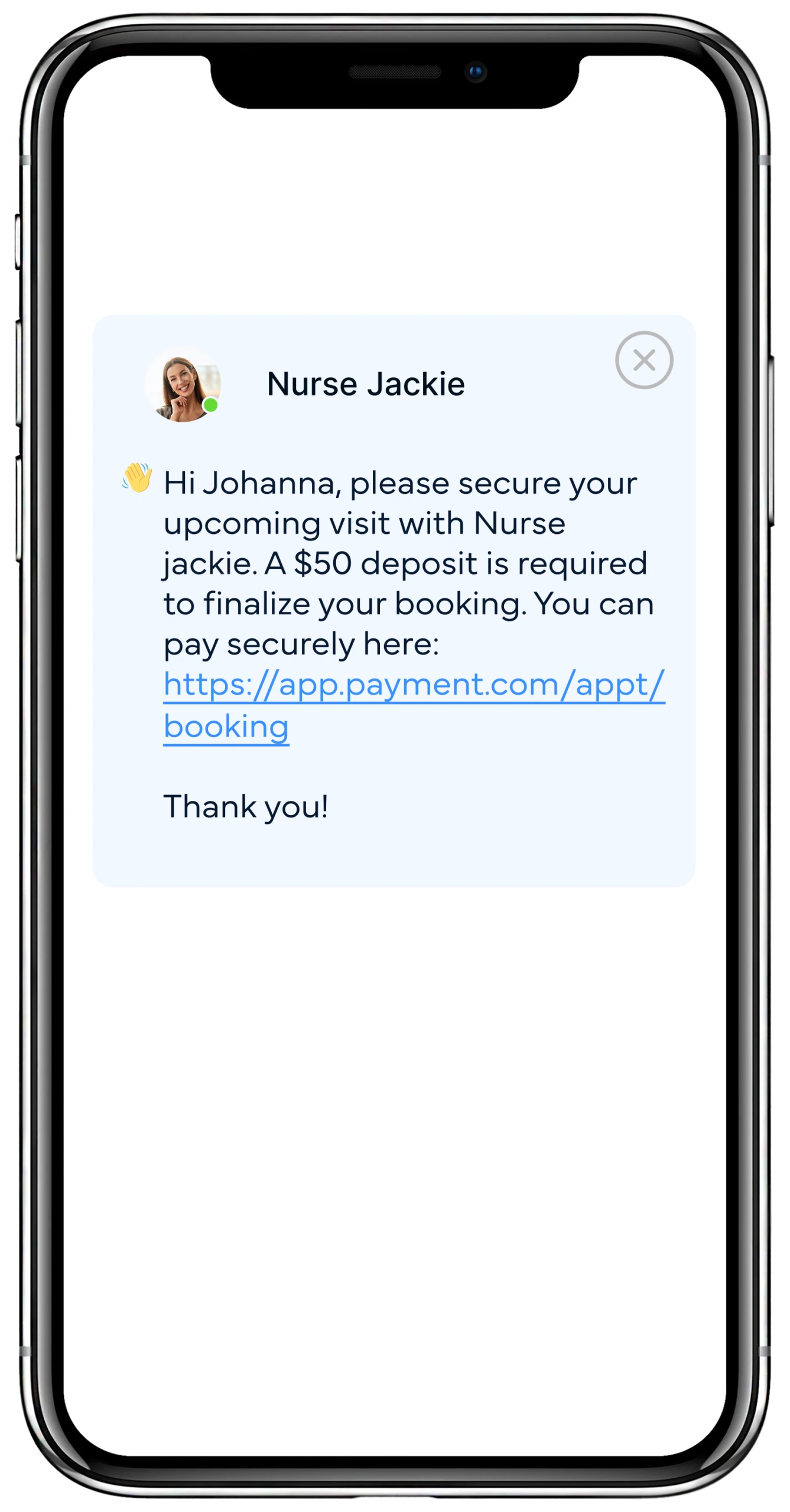Text message from Nurse Jackie requesting a $50 deposit to secure an appointment with a payment link
