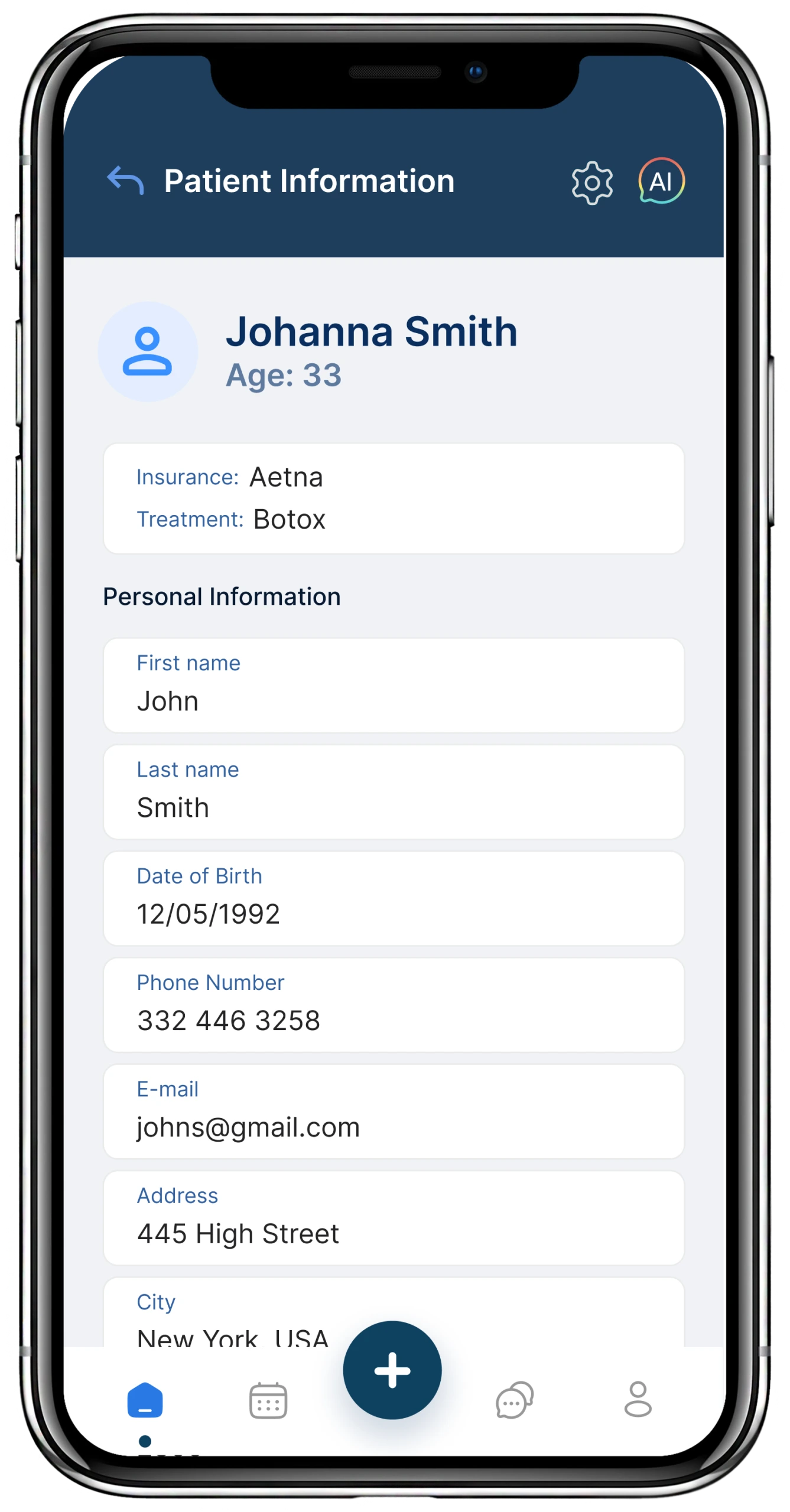 Patient information form displaying Johanna Smith's centralized medical record including age, insurance, treatment, personal details, contact information, and address