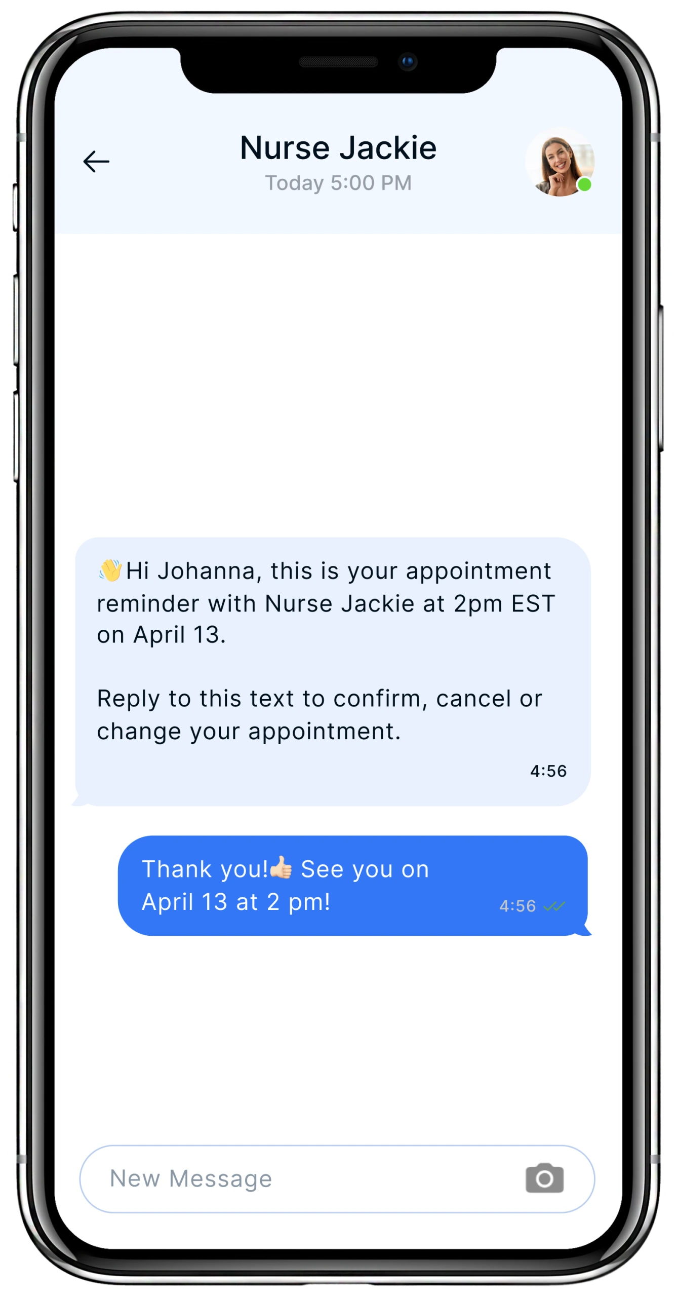 Text message from Nurse Jackie sending appointment reminder for April 13 at 2pm EST with patient confirmation response