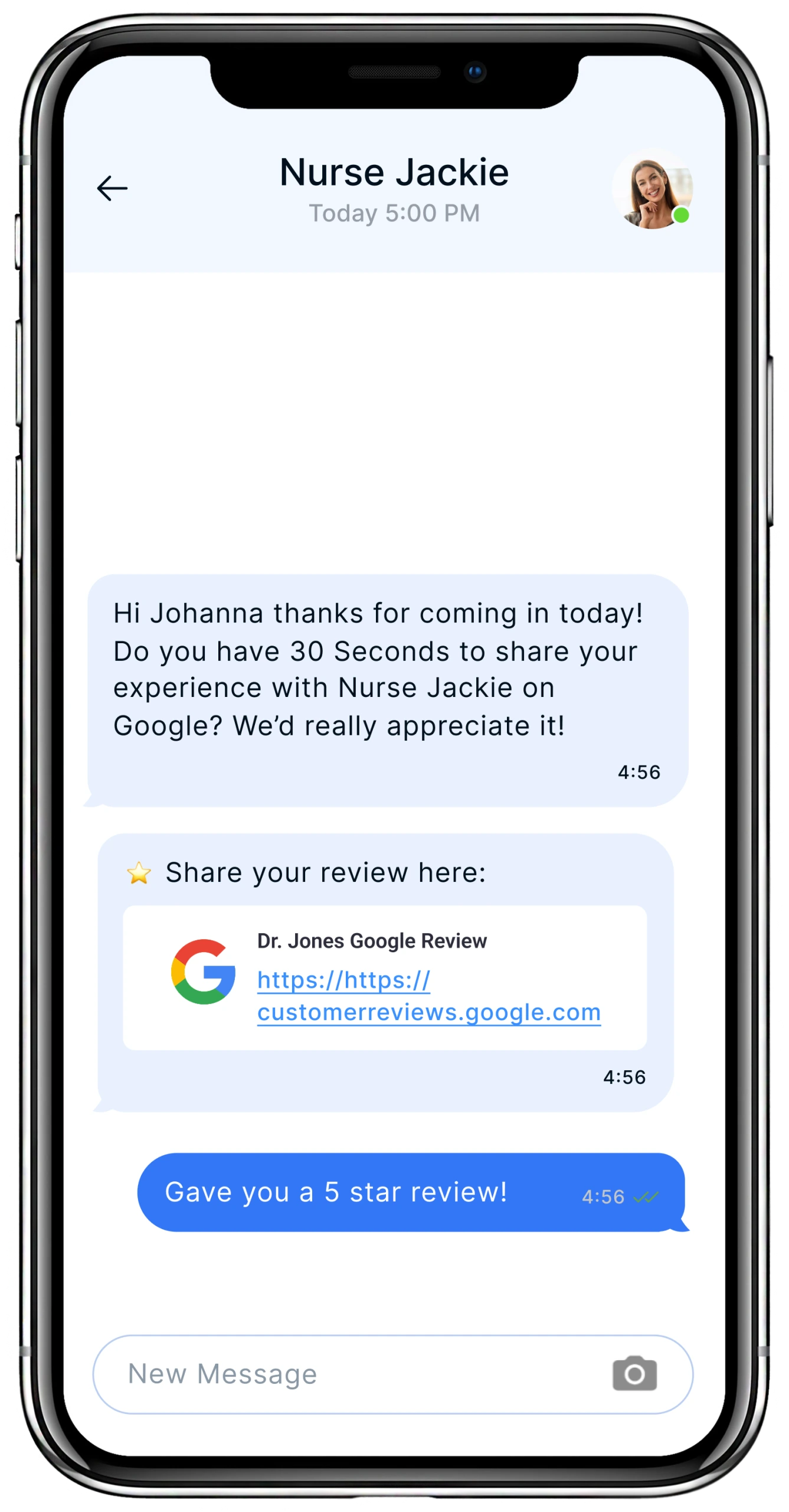 Text message conversation with Nurse Jackie requesting a Google review with link to Dr. Jones's Google review page and customer response giving a 5-star review