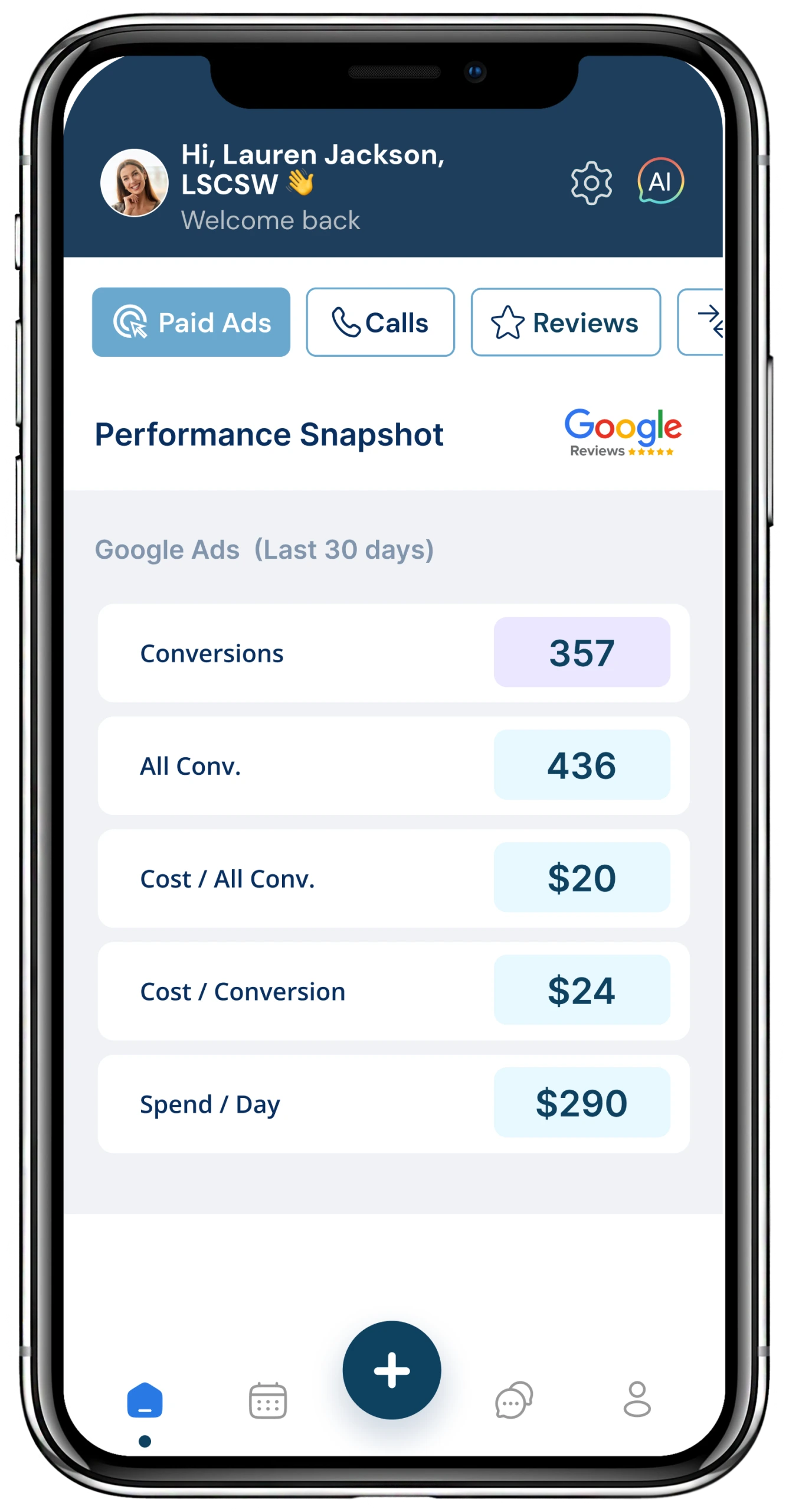 Google Ads performance snapshot showing 357 conversions, $24 cost per conversion, $290 daily spend