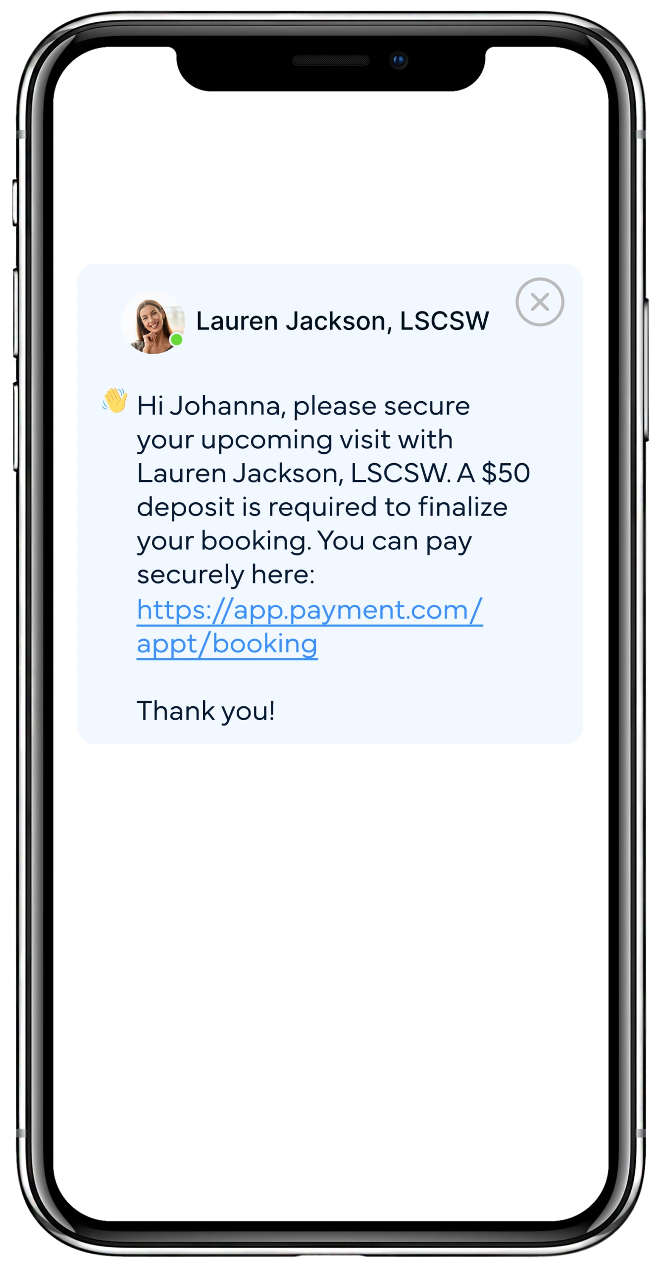Text message from therapist Lauren Jackson requesting $50 deposit to secure patient Johanna's appointment