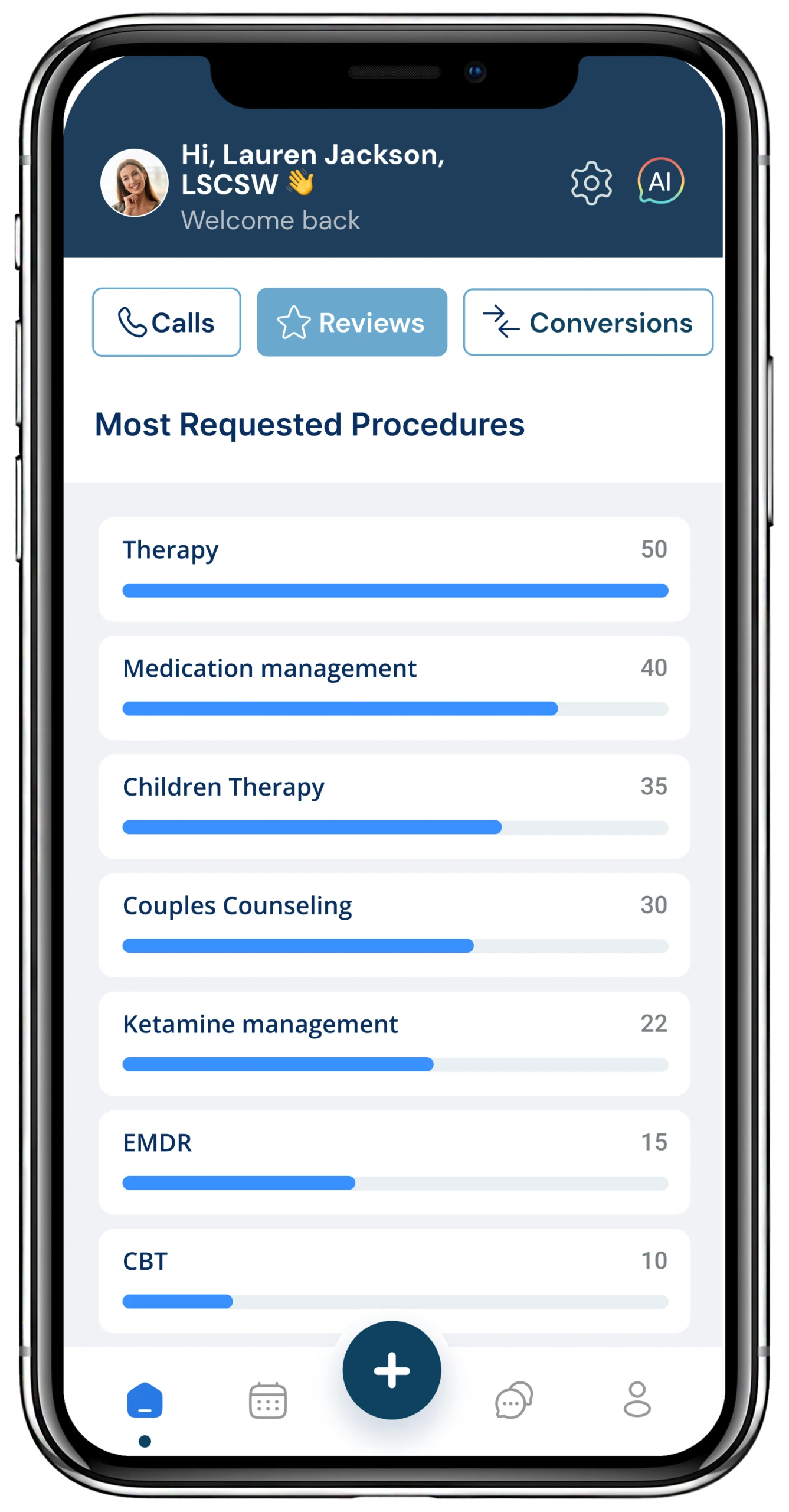Smartphone displaying therapist Lauren Jackson's dashboard with most requested procedures including therapy, medication management, and children therapy