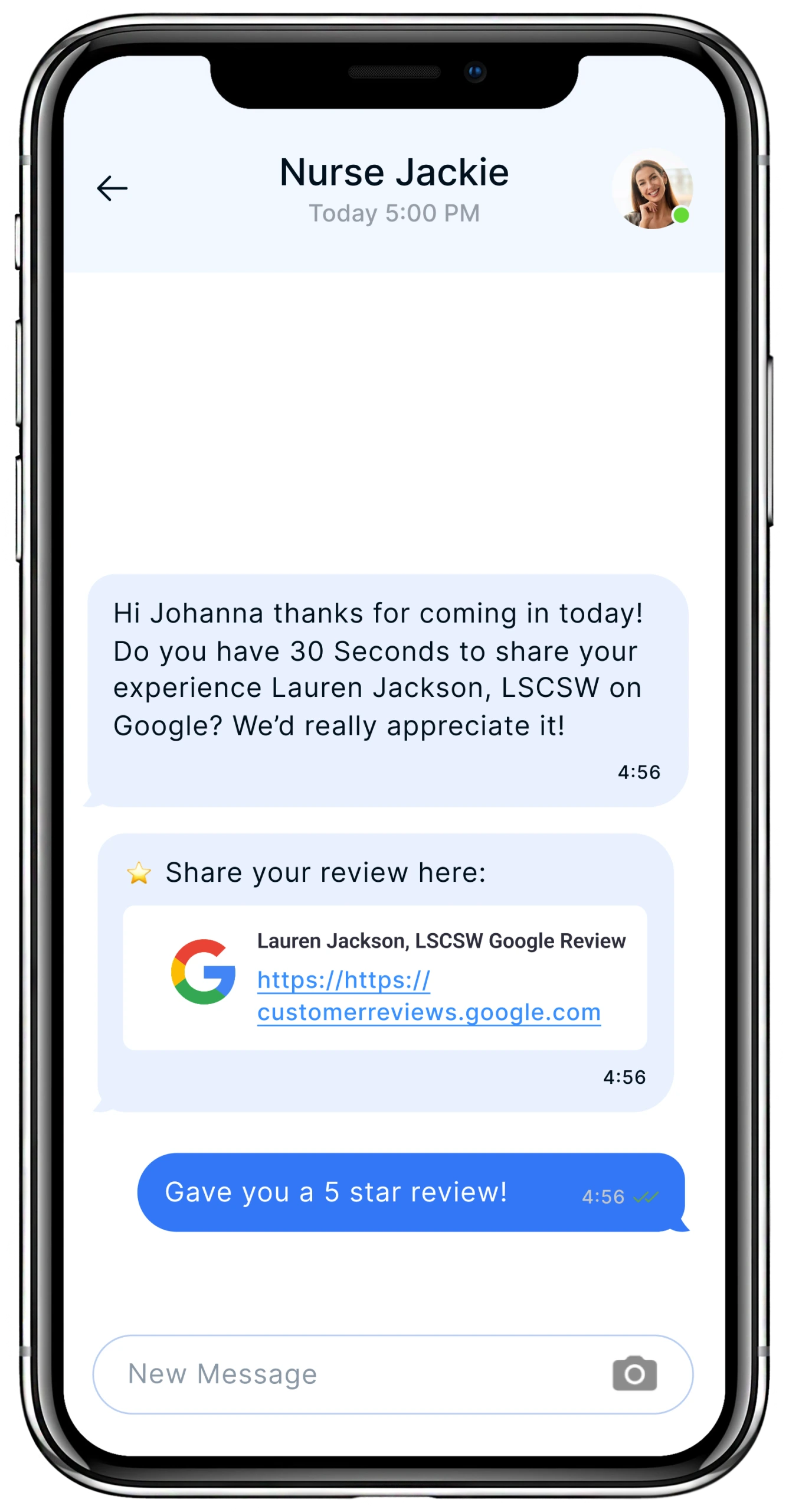 Text conversation where patient Johanna receives review request and responds with 5-star Google review