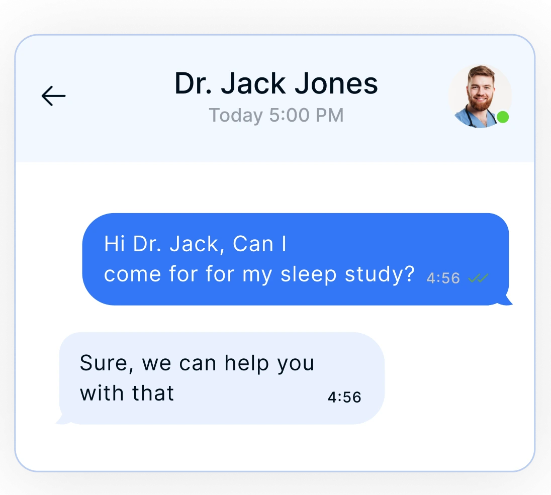 Patient messaging Dr. Jack Jones asking about a sleep study appointment, with doctor responding they can help