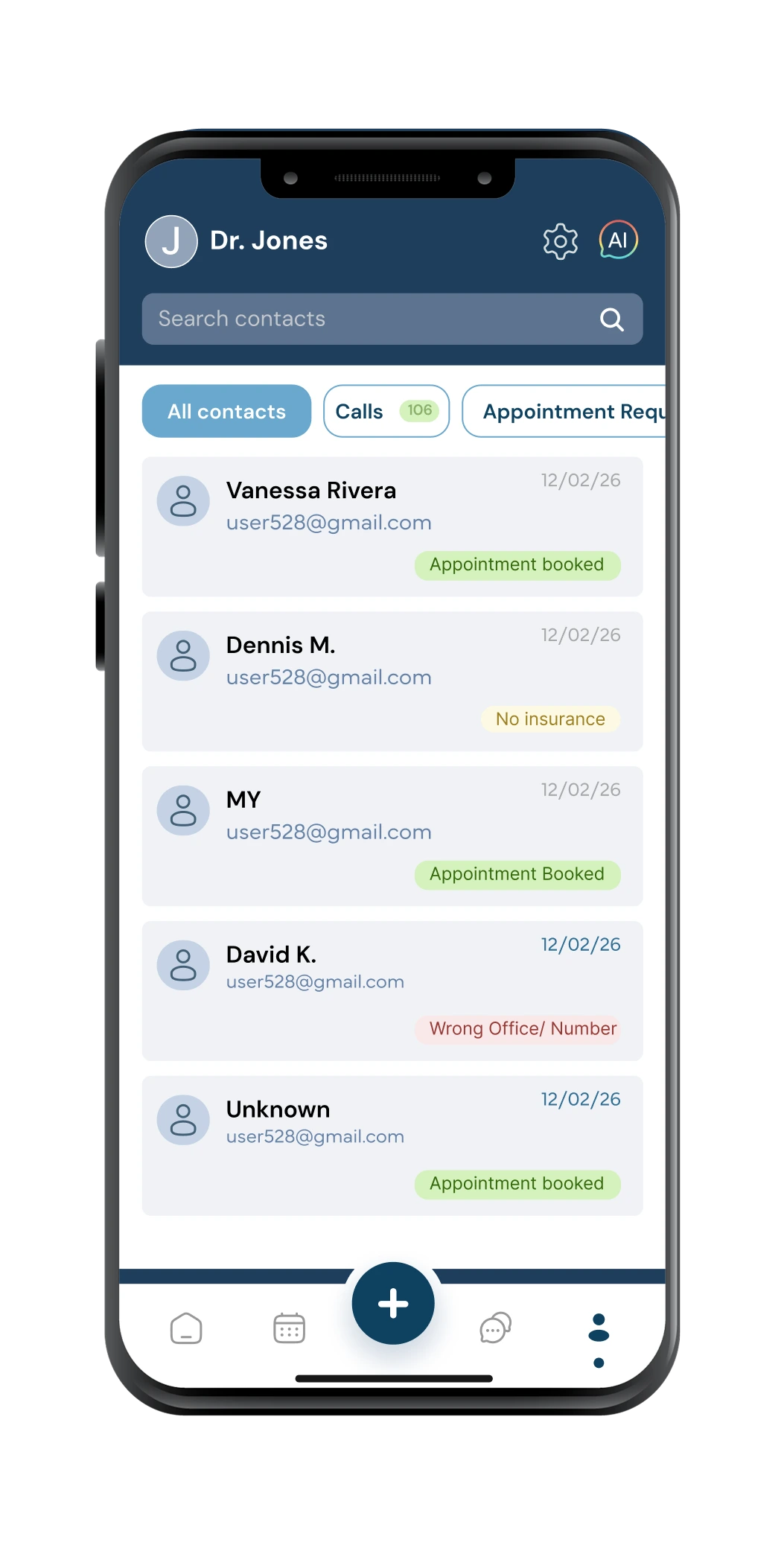 Mobile app screen showing Dr. Jones's contact list with patient names, emails, appointment dates, and booking statuses