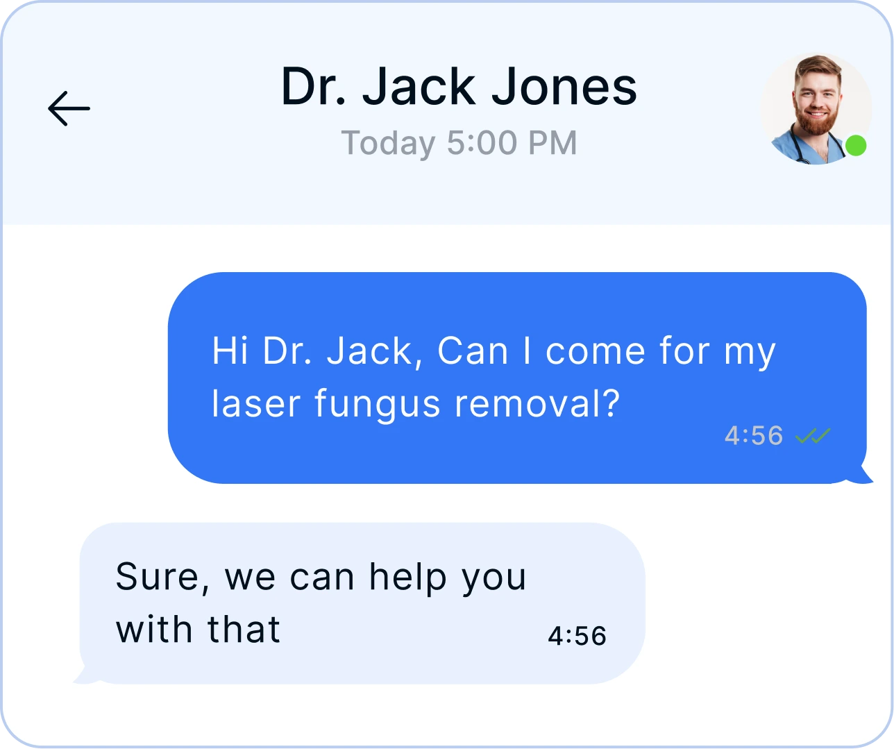 Text message conversation with Dr. Jack Jones about laser fungus removal appointment request and confirmation