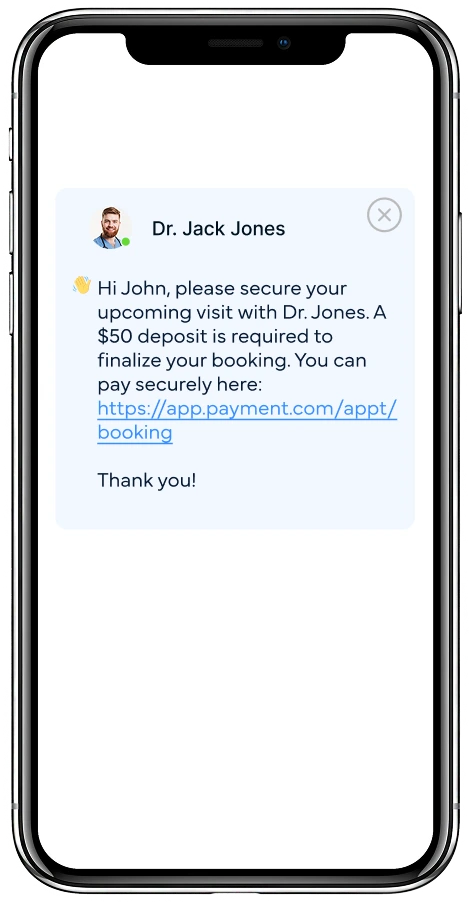 Text message from Dr. Jack Jones requesting $50 deposit to secure upcoming appointment with secure payment link