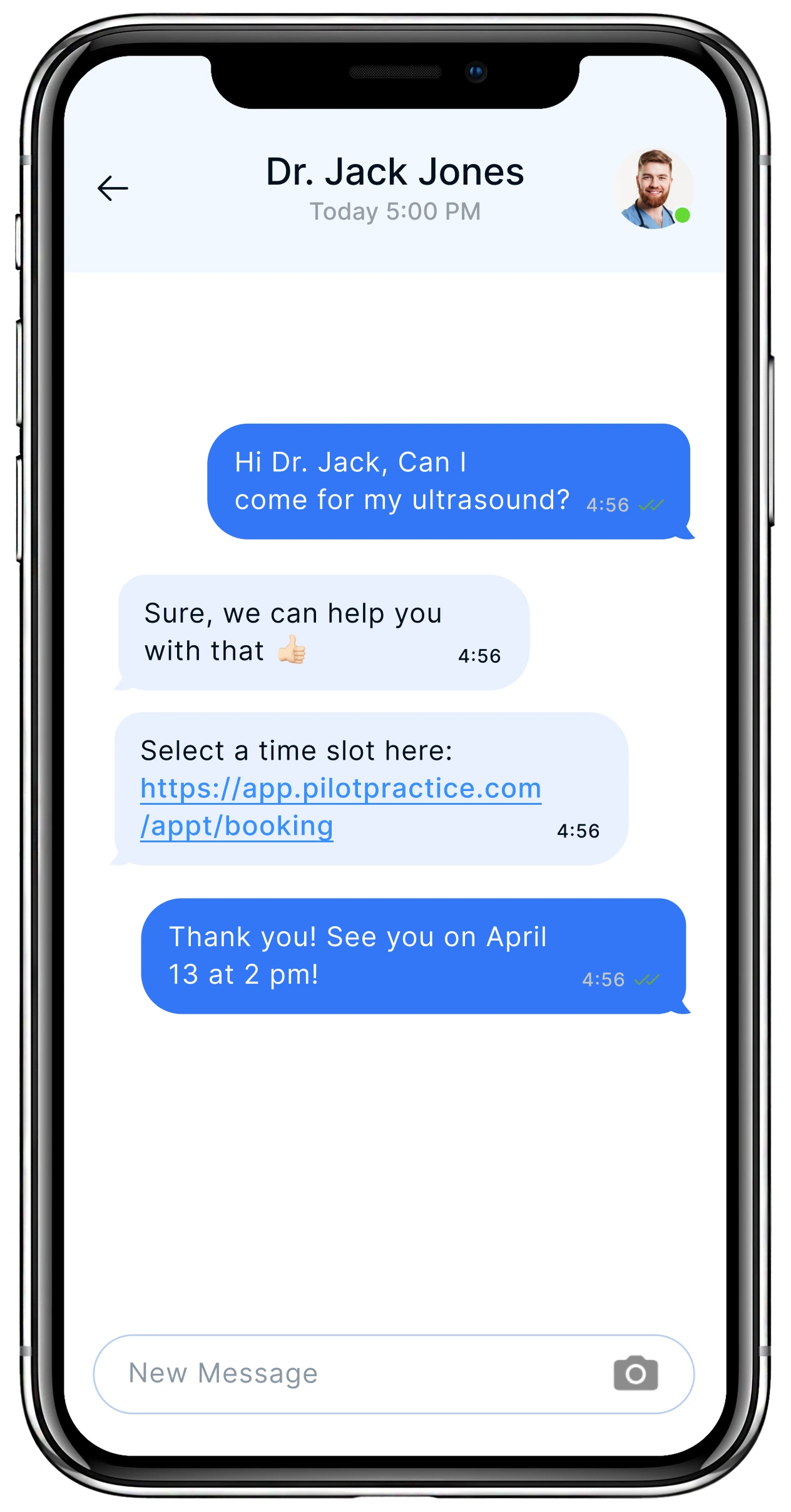 Messaging conversation between patient and Dr. Jack Jones about scheduling an ultrasound appointment