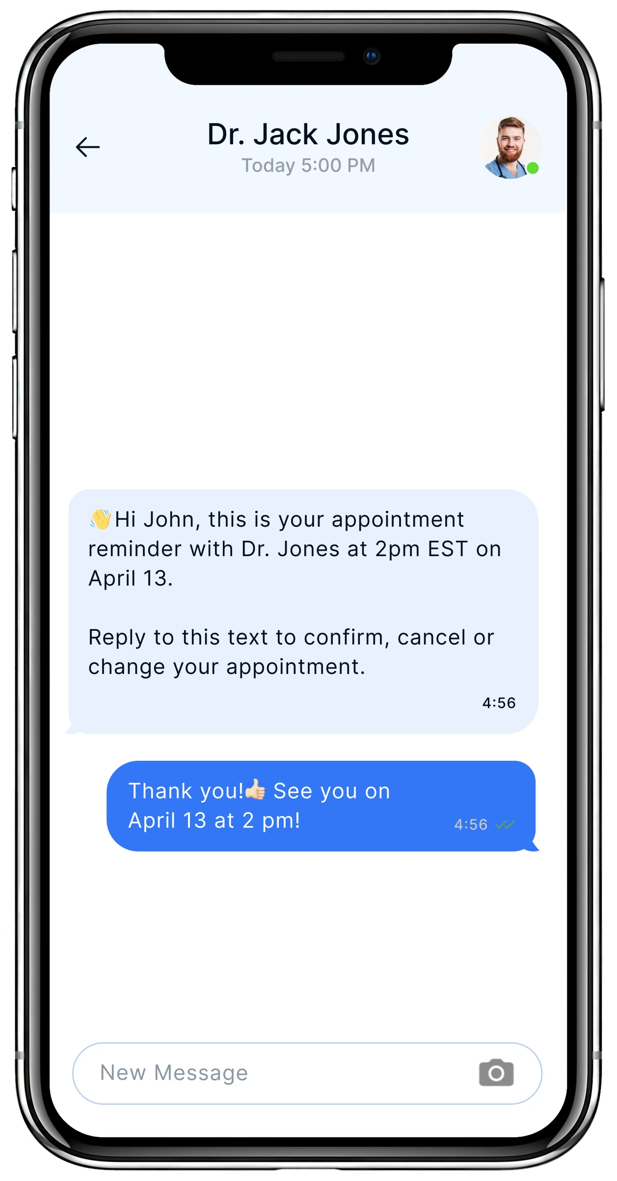 Text appointment reminder from Dr. Jack Jones confirming ultrasound on April 13 at 2pm EST with option to confirm, cancel or reschedule