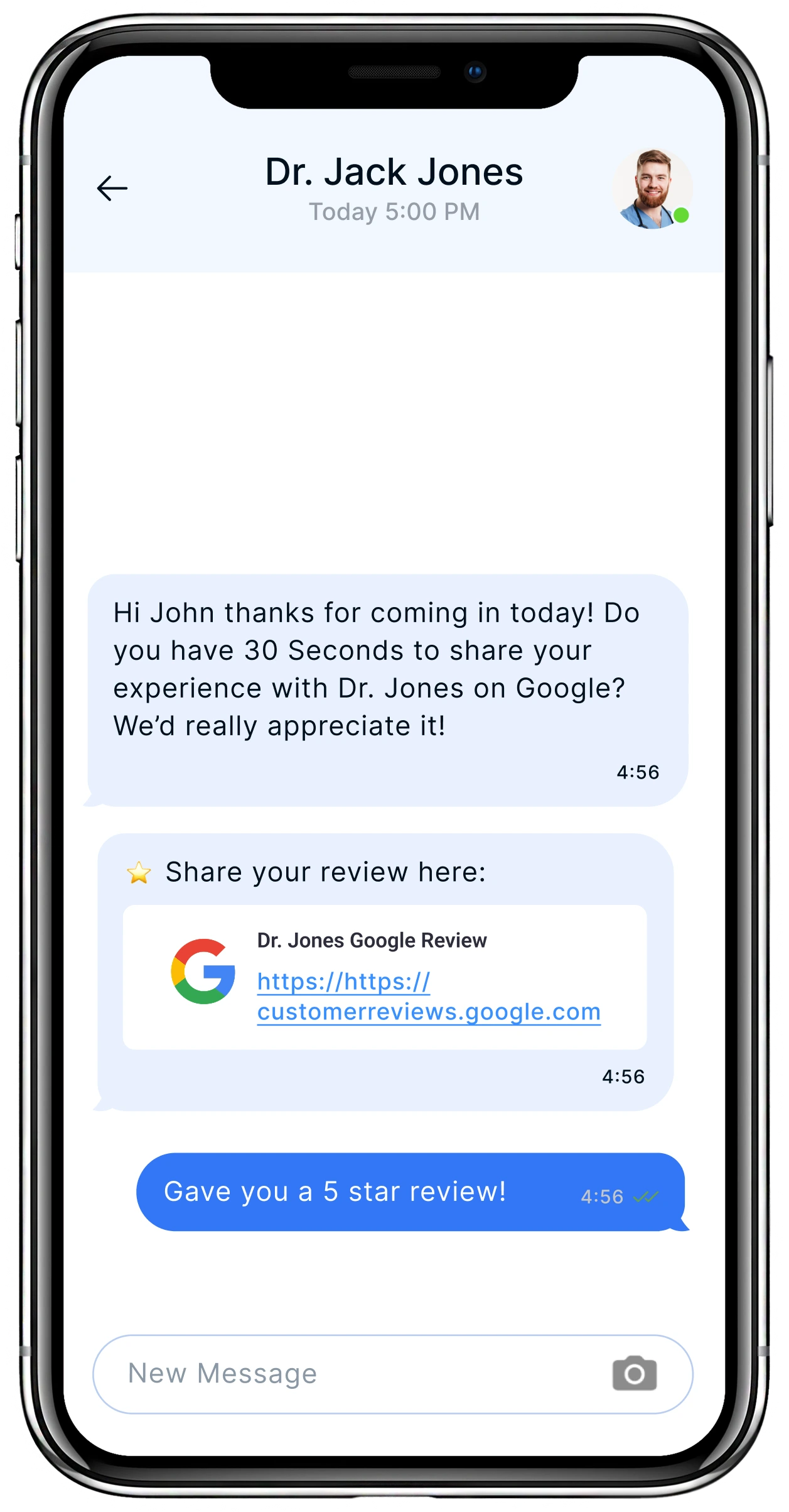 Text conversation with Dr. Jack Jones requesting Google review after appointment, with link to Dr. Jones Google Review page and patient response giving 5-star review
